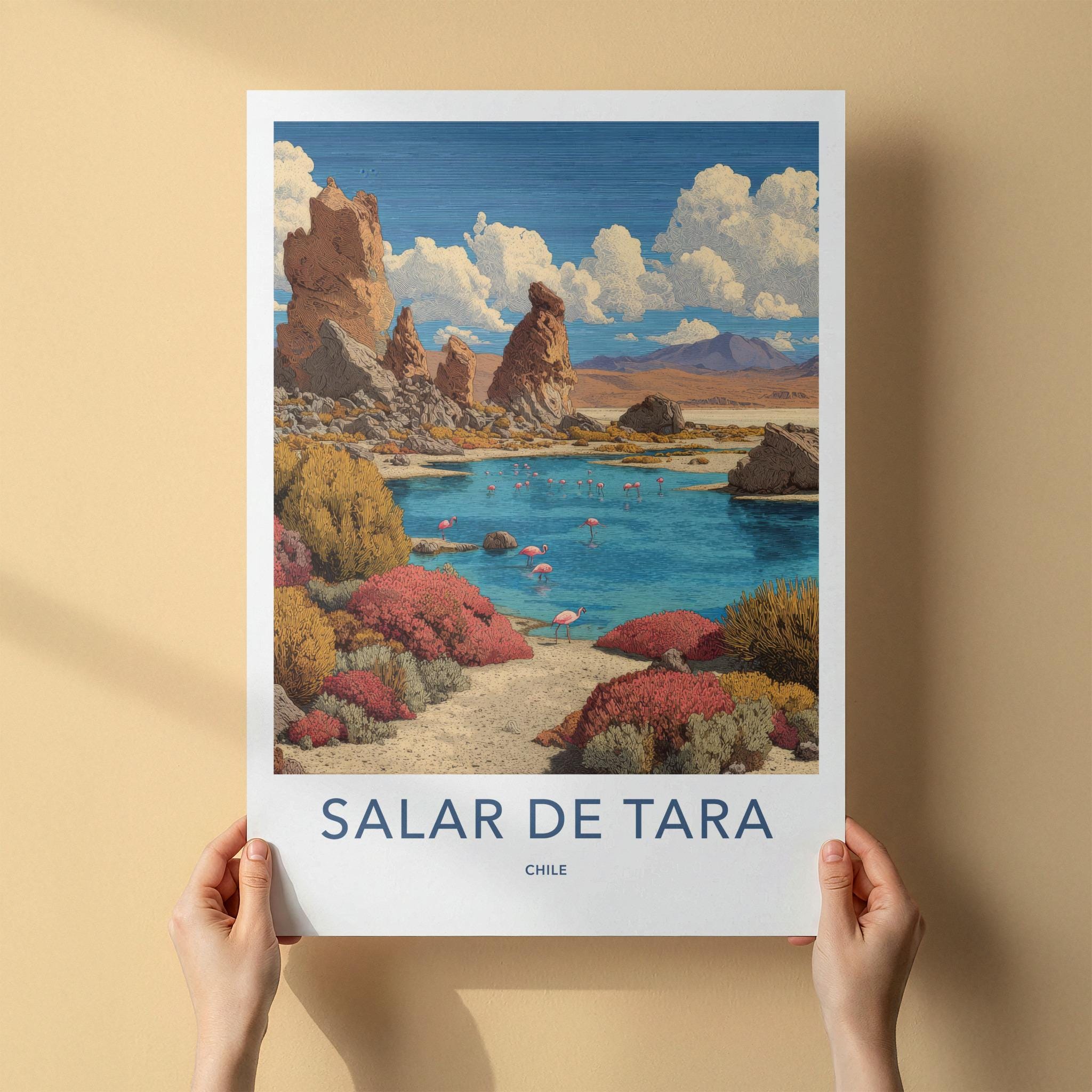 Salar De Tara Poster - Chile Travel Art - Pink Flamingos Lake Home Decor
