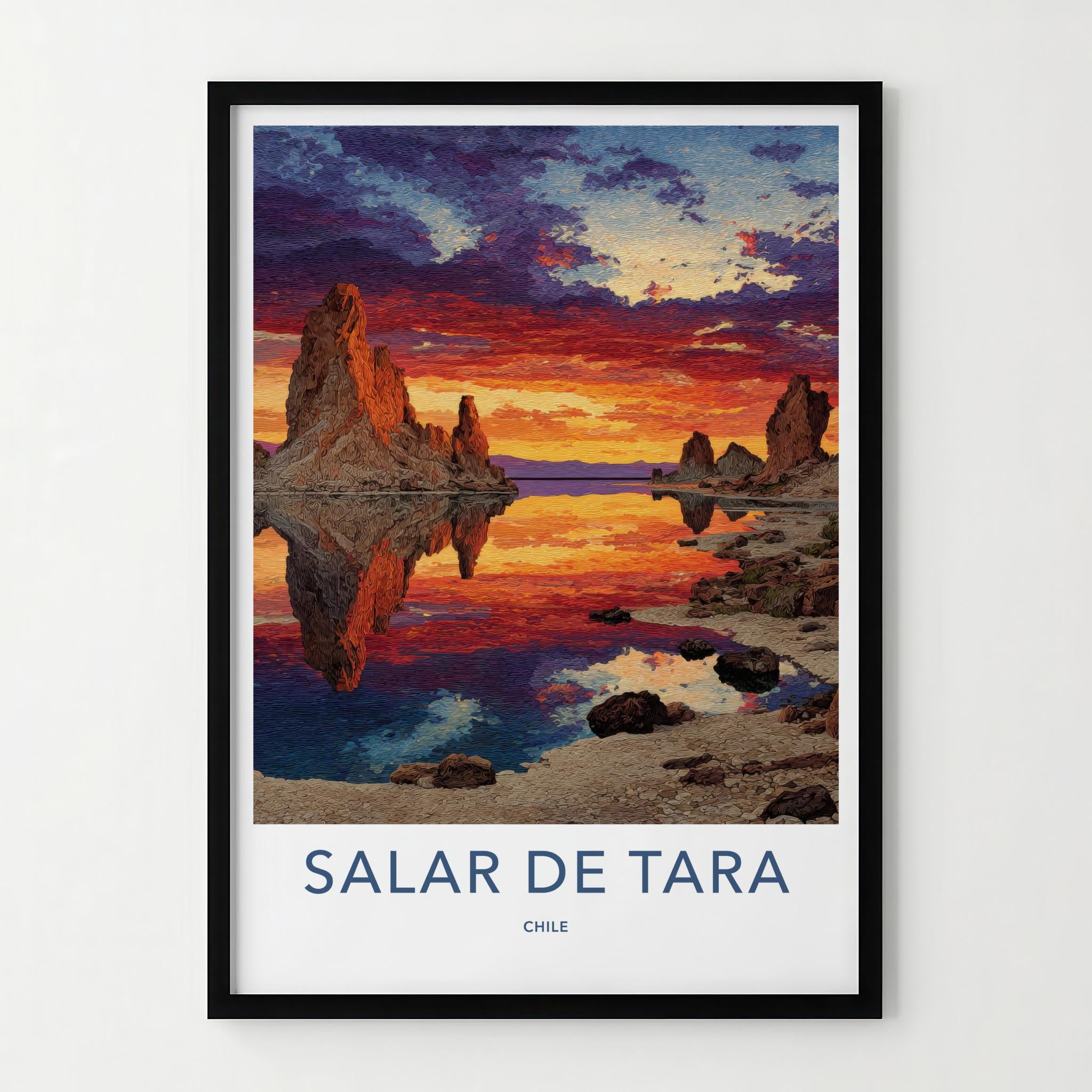 Salar De Tara Poster - Chile Travel Art - Vibrant Sunset Rock Reflection Wall Decor