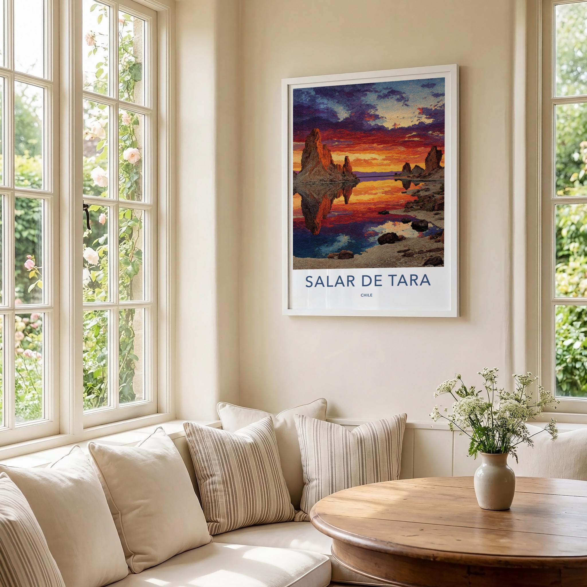 Salar De Tara Poster - Chile Travel Art - Vibrant Sunset Rock Reflection Wall Decor