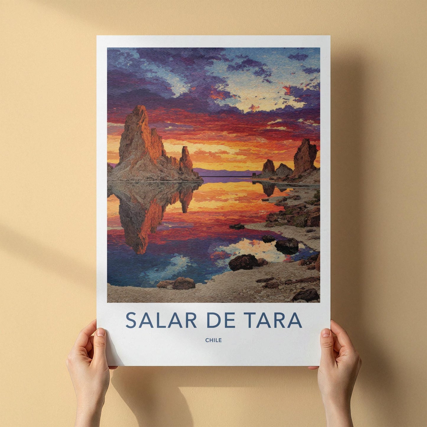 Salar De Tara Poster - Chile Travel Art - Vibrant Sunset Rock Reflection Wall Decor