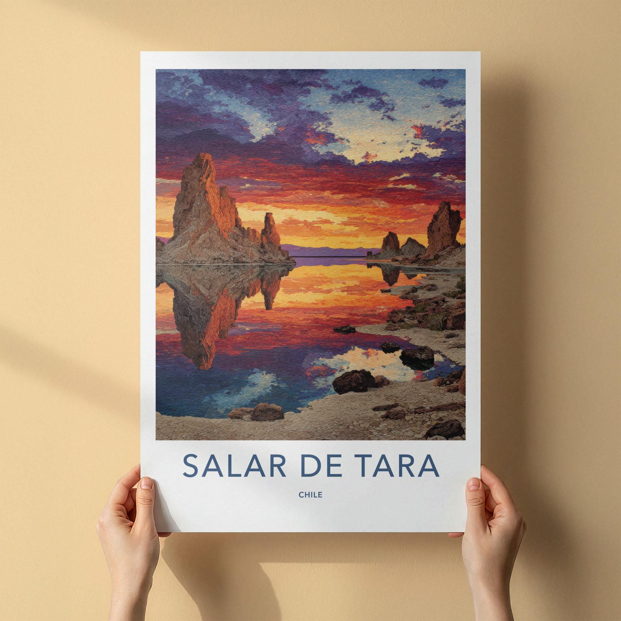 Salar De Tara Poster - Chile Travel Art - Vibrant Sunset Rock Reflection Wall Decor