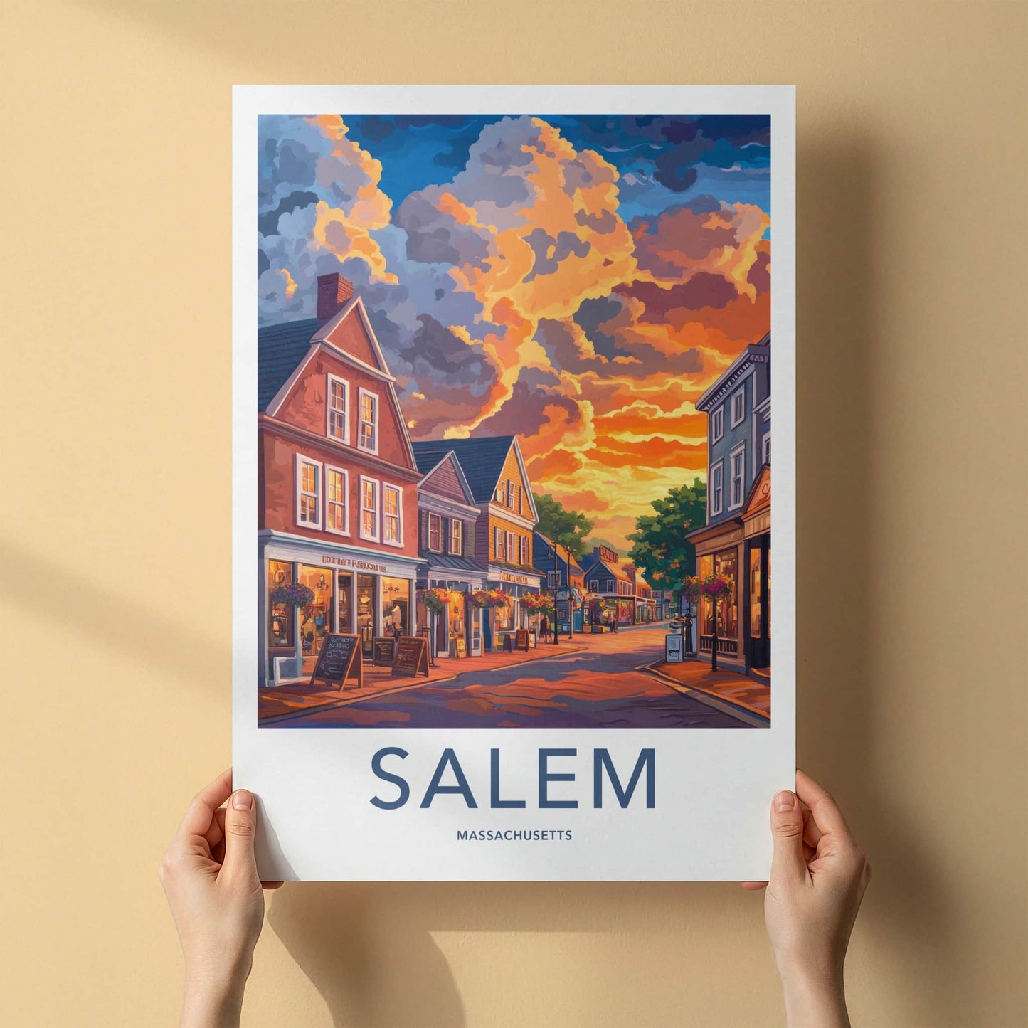 Salem Poster - Massachusetts Travel Art - Historic Street Sunset Wall Decor