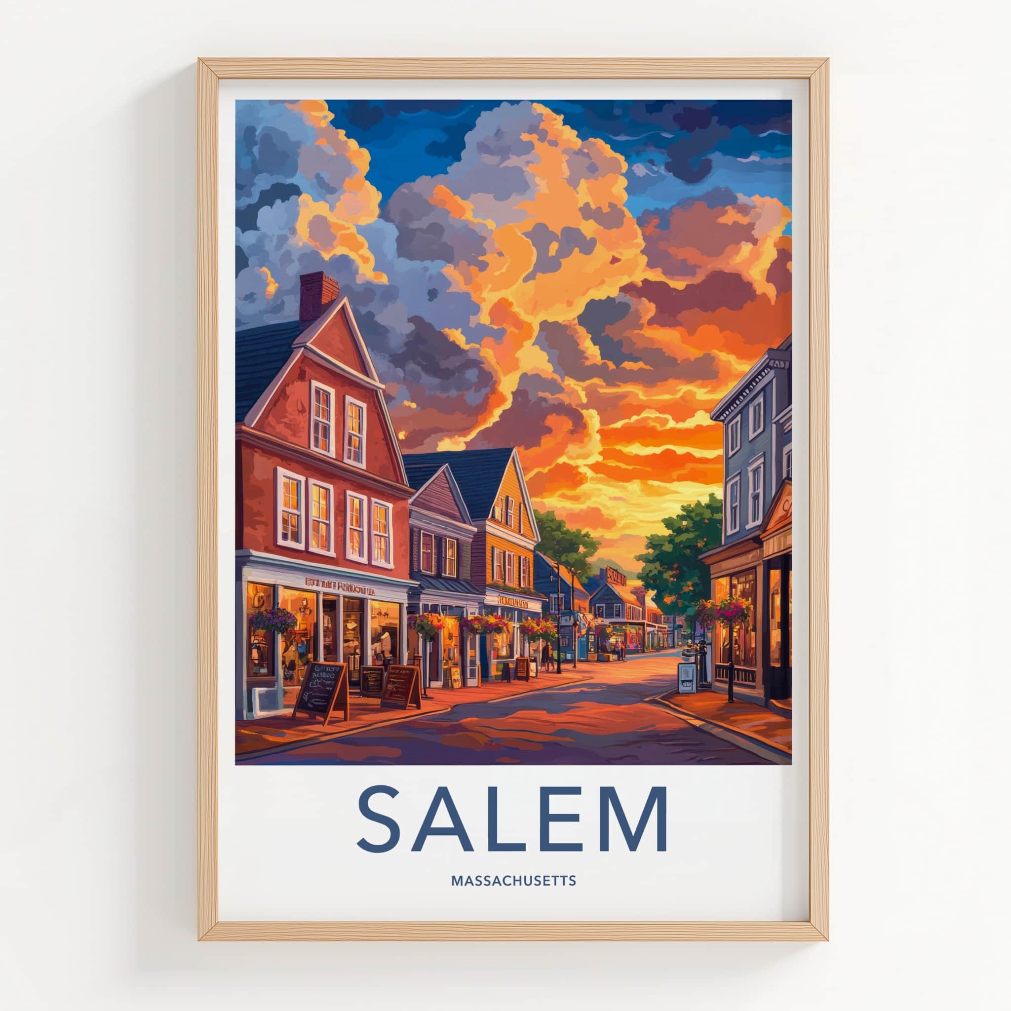 Salem Poster - Massachusetts Travel Art - Historic Street Sunset Wall Decor