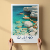 Salerno Poster - Italy Travel Art - Turquoise Water Rocks Home Decor