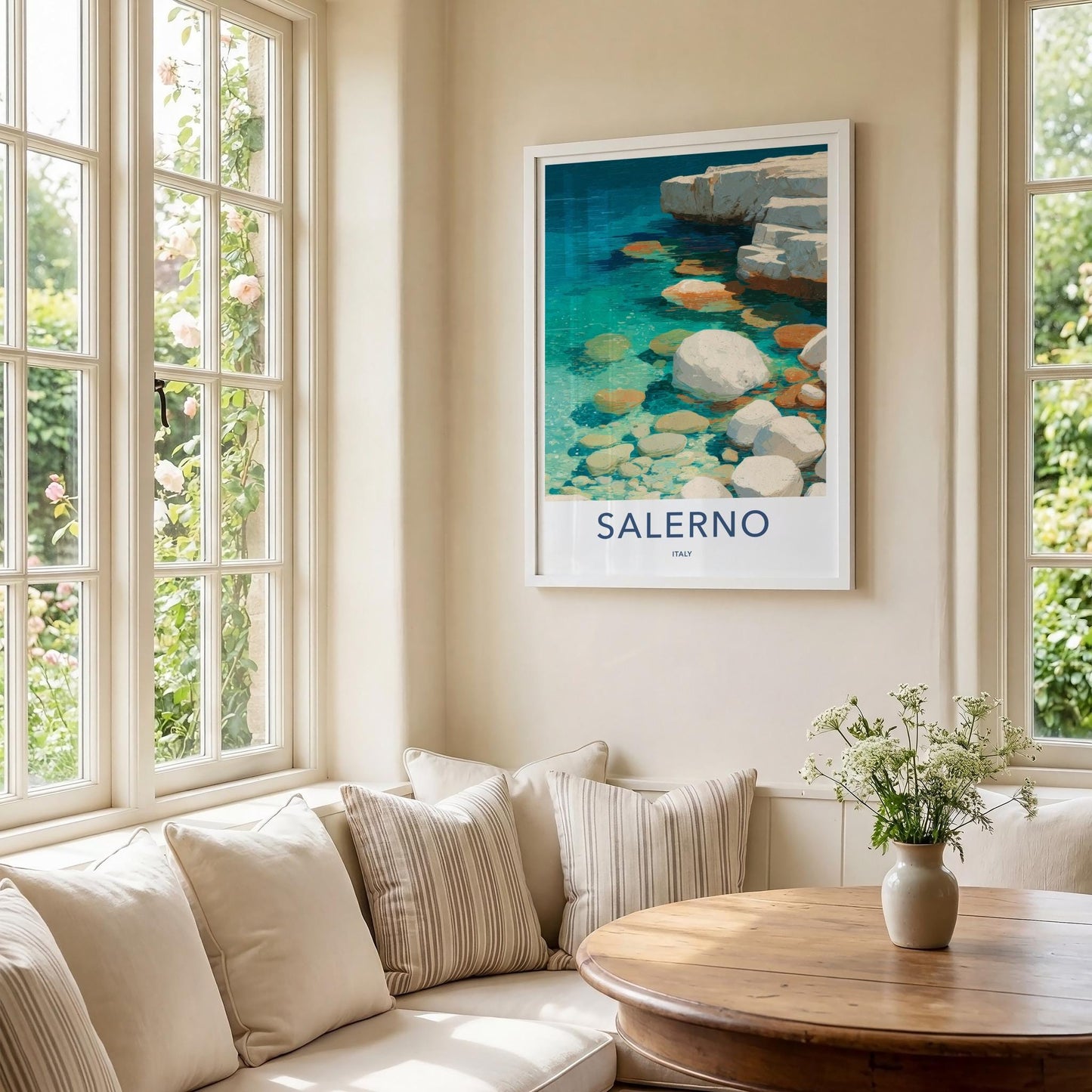 Salerno Poster - Italy Travel Art - Turquoise Water Rocks Home Decor