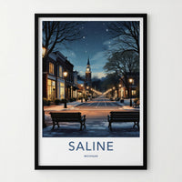 Saline Poster - Michigan Framed Art - Starry Winter Street Home Decor