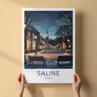 Saline Poster - Michigan Framed Art - Starry Winter Street Home Decor