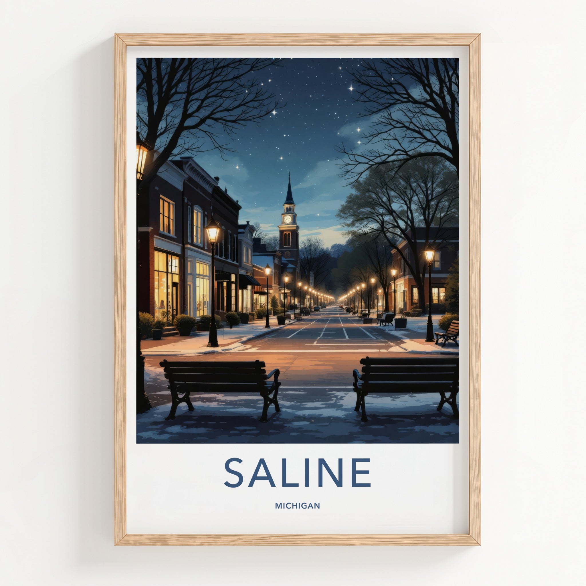 Saline Poster - Michigan Framed Art - Starry Winter Street Home Decor