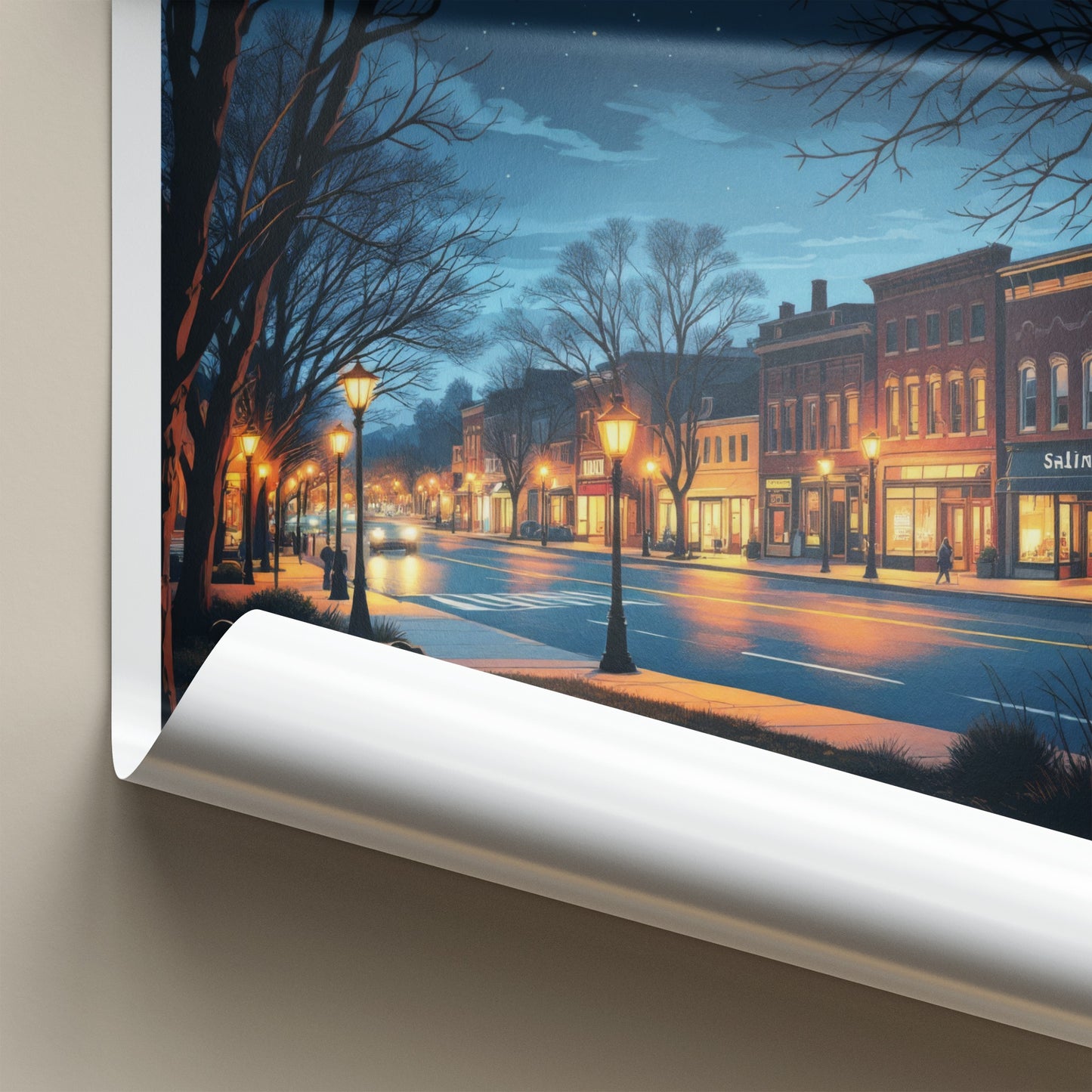 Saline Poster - Michigan Travel Art - Evening Downtown Street Wall Decor
