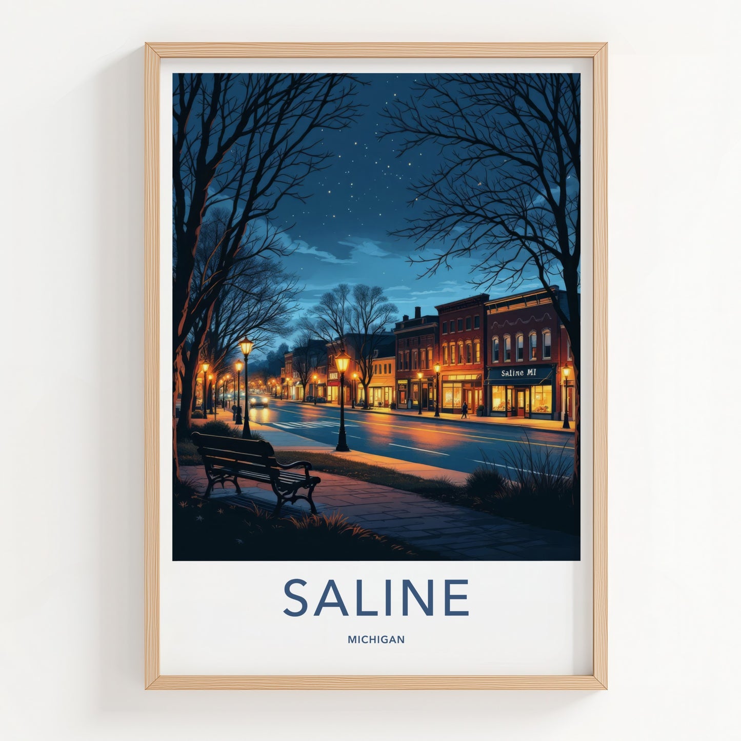 Saline Poster - Michigan Travel Art - Evening Downtown Street Wall Decor