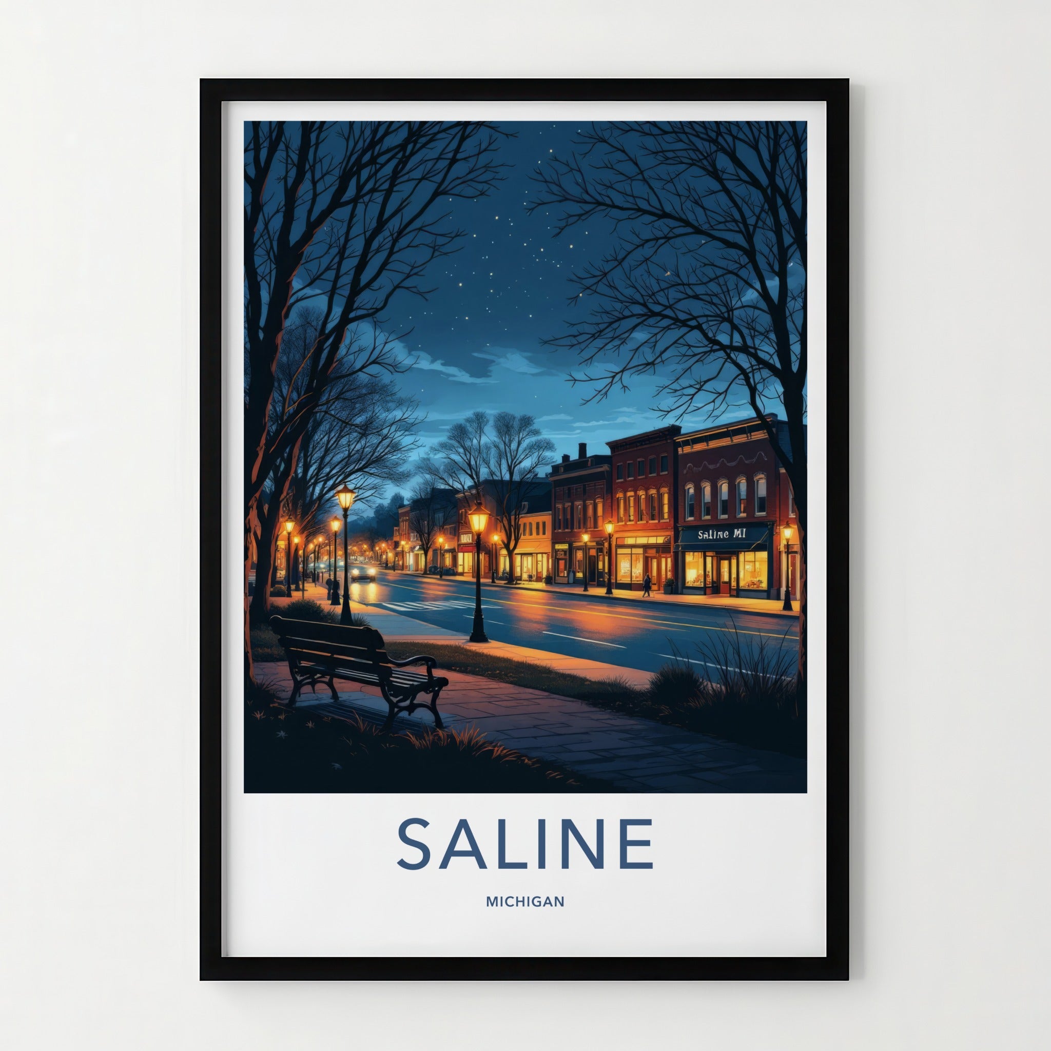 Saline Poster - Michigan Travel Art - Evening Downtown Street Wall Decor