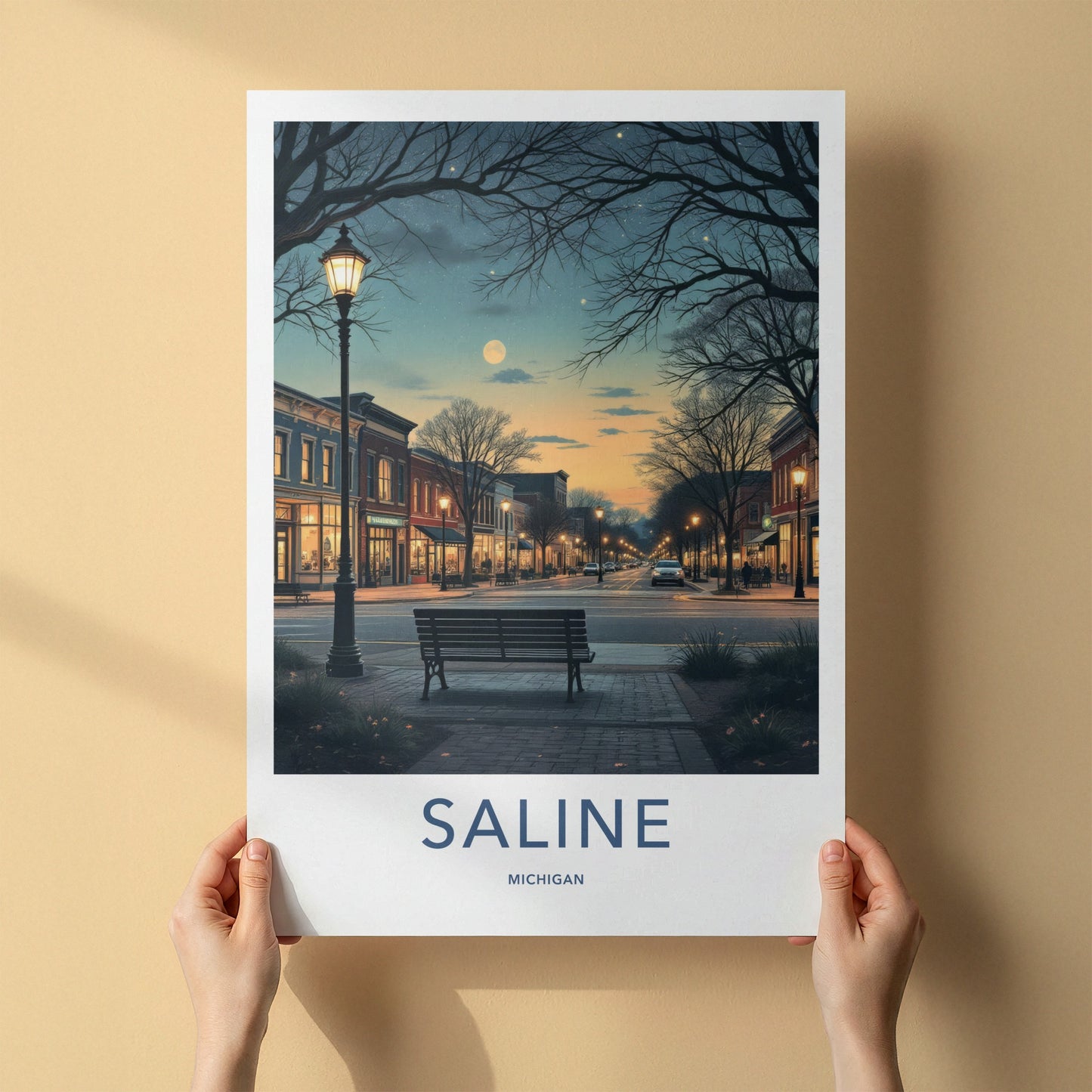 Saline Poster - Michigan Travel Art - Moonlit Downtown Street Home Decor