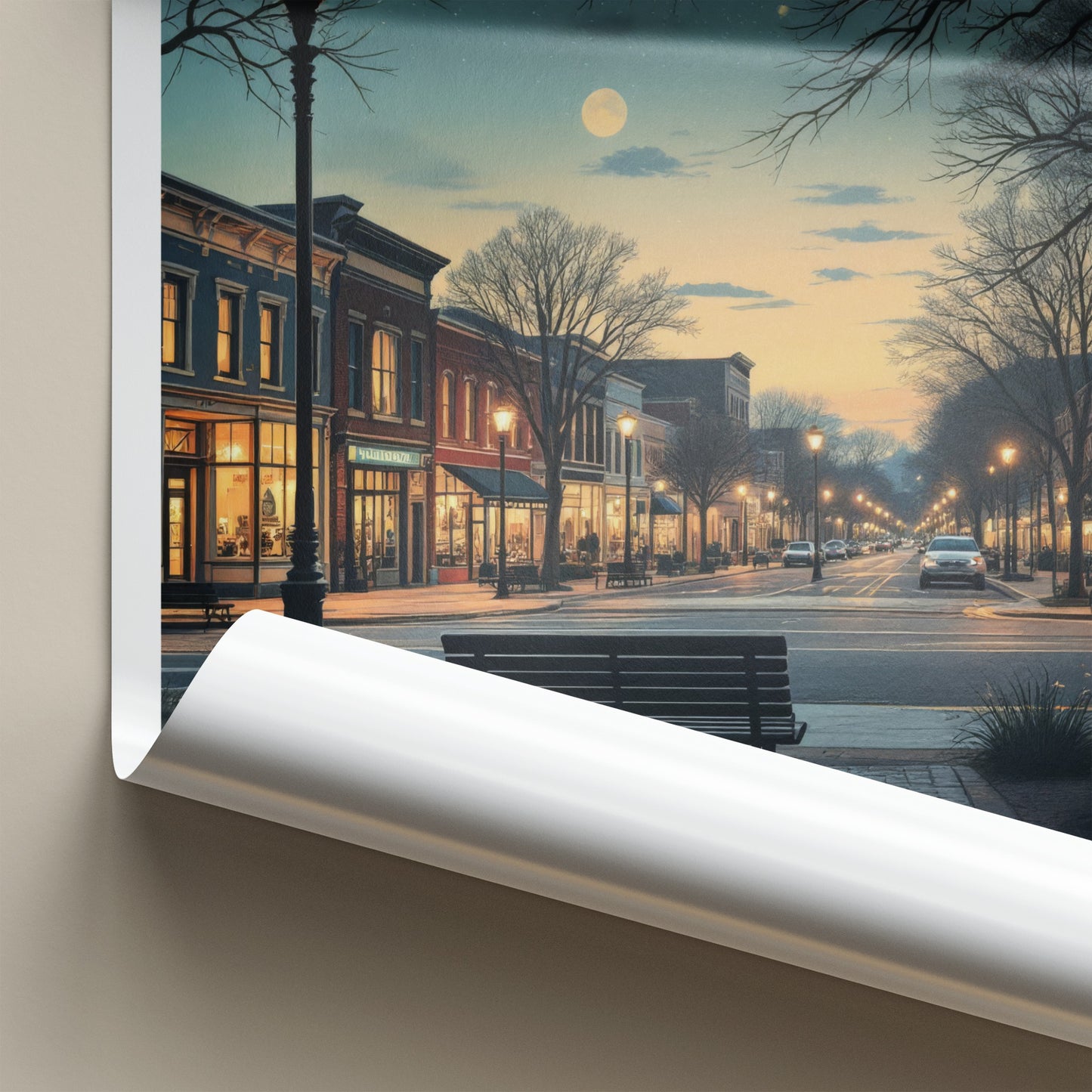 Saline Poster - Michigan Travel Art - Moonlit Downtown Street Home Decor