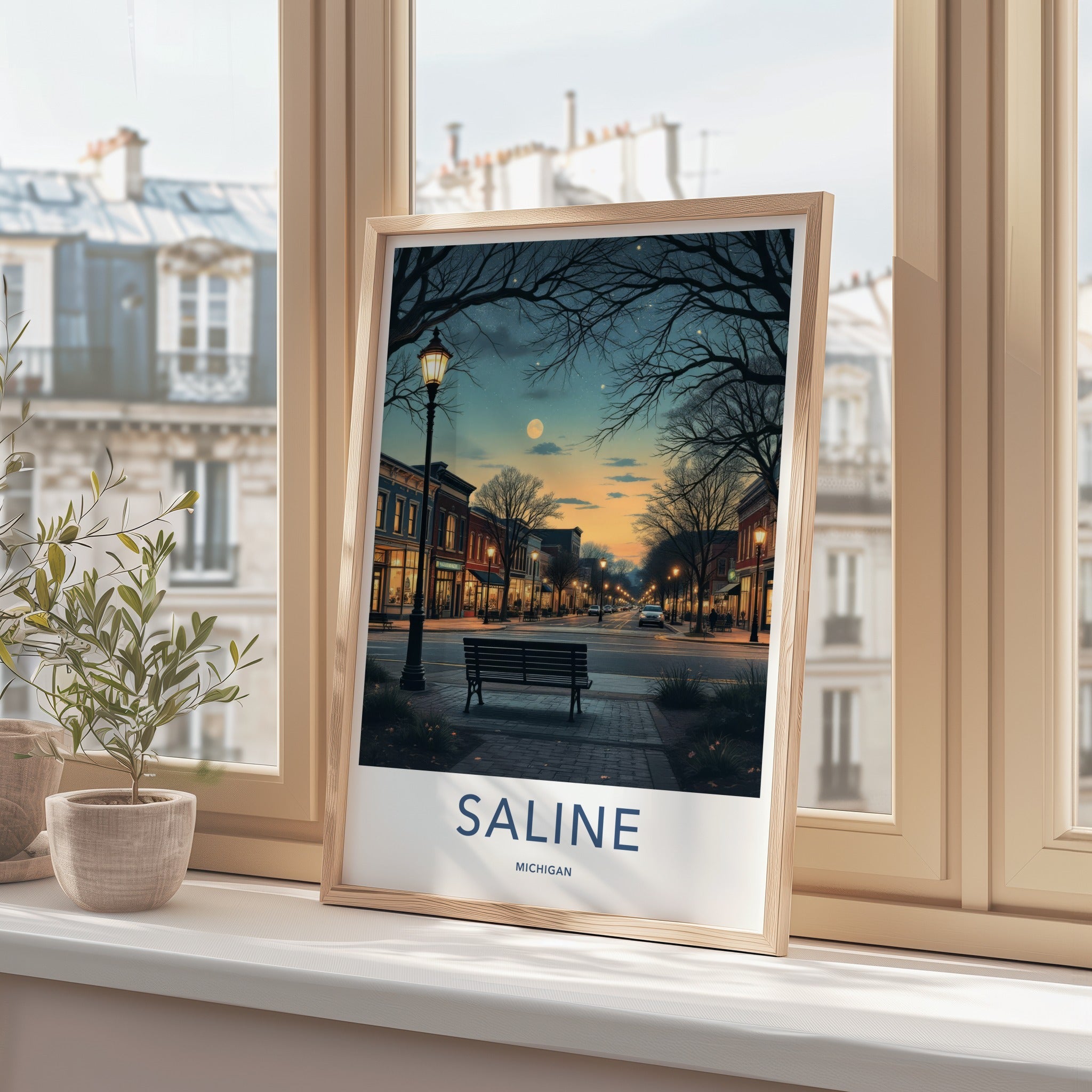 Saline Poster - Michigan Travel Art - Moonlit Downtown Street Home Decor
