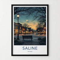 Saline Poster - Michigan Travel Art - Moonlit Downtown Street Home Decor