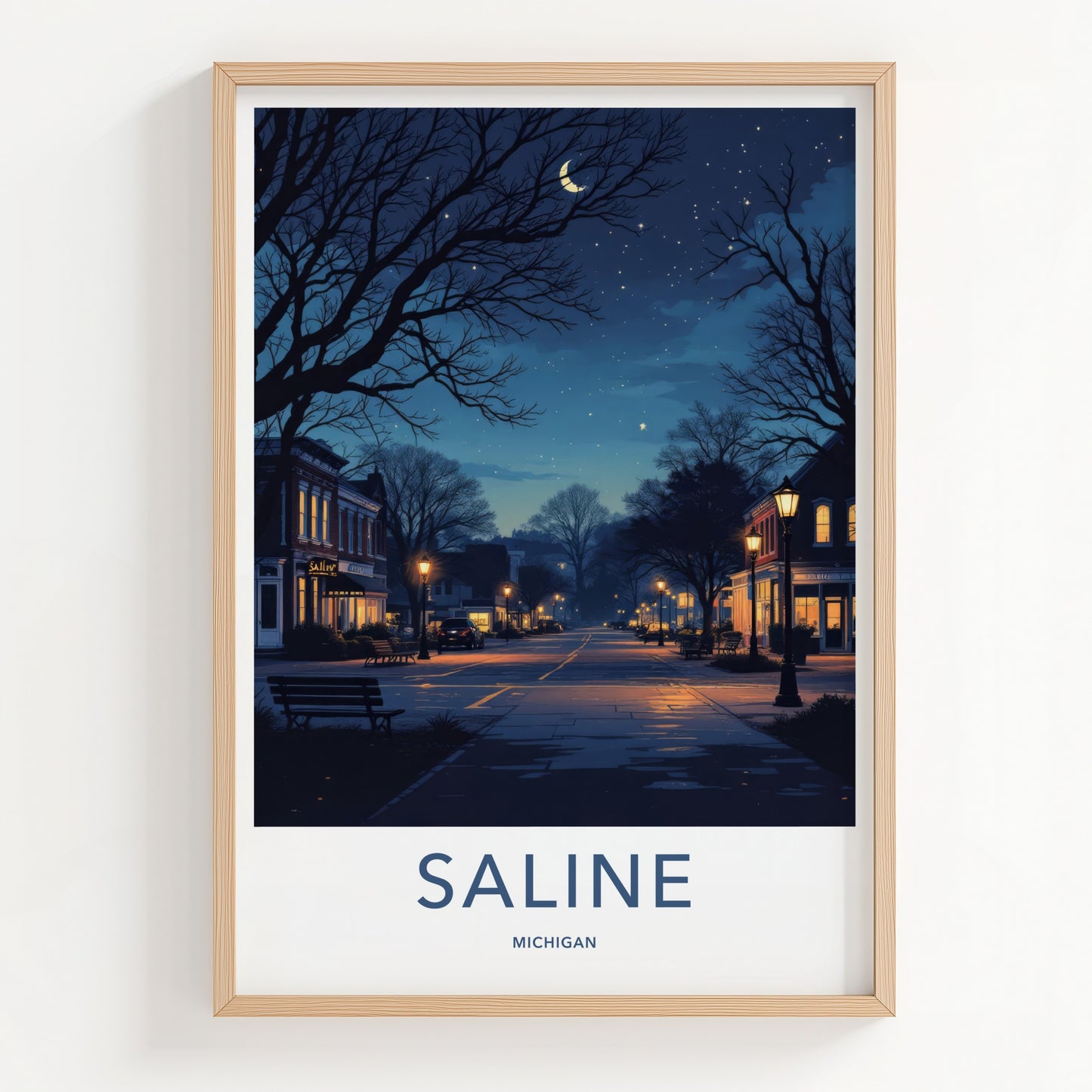 Saline Poster - Michigan Travel Print - Nighttime Streetscape Moon Home Decor