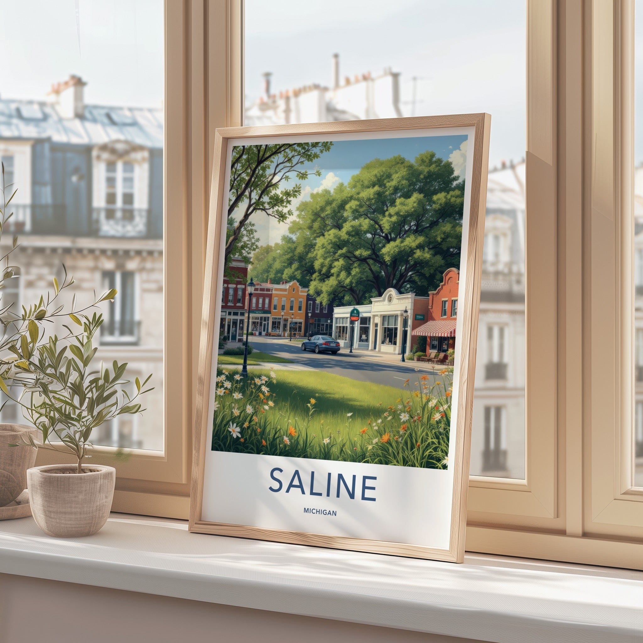 Saline Poster - Michigan Wall Art - Idyllic Downtown Scene Home Decor