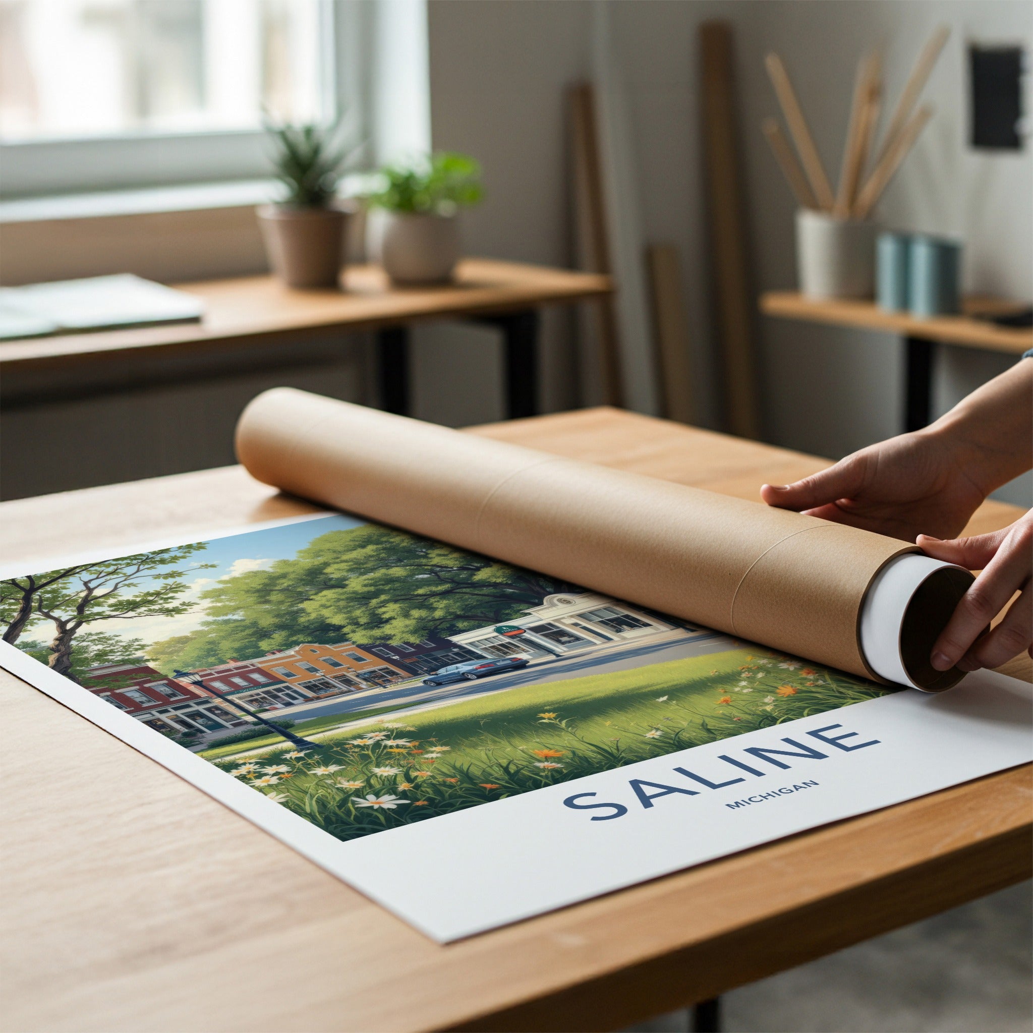 Saline Poster - Michigan Wall Art - Idyllic Downtown Scene Home Decor