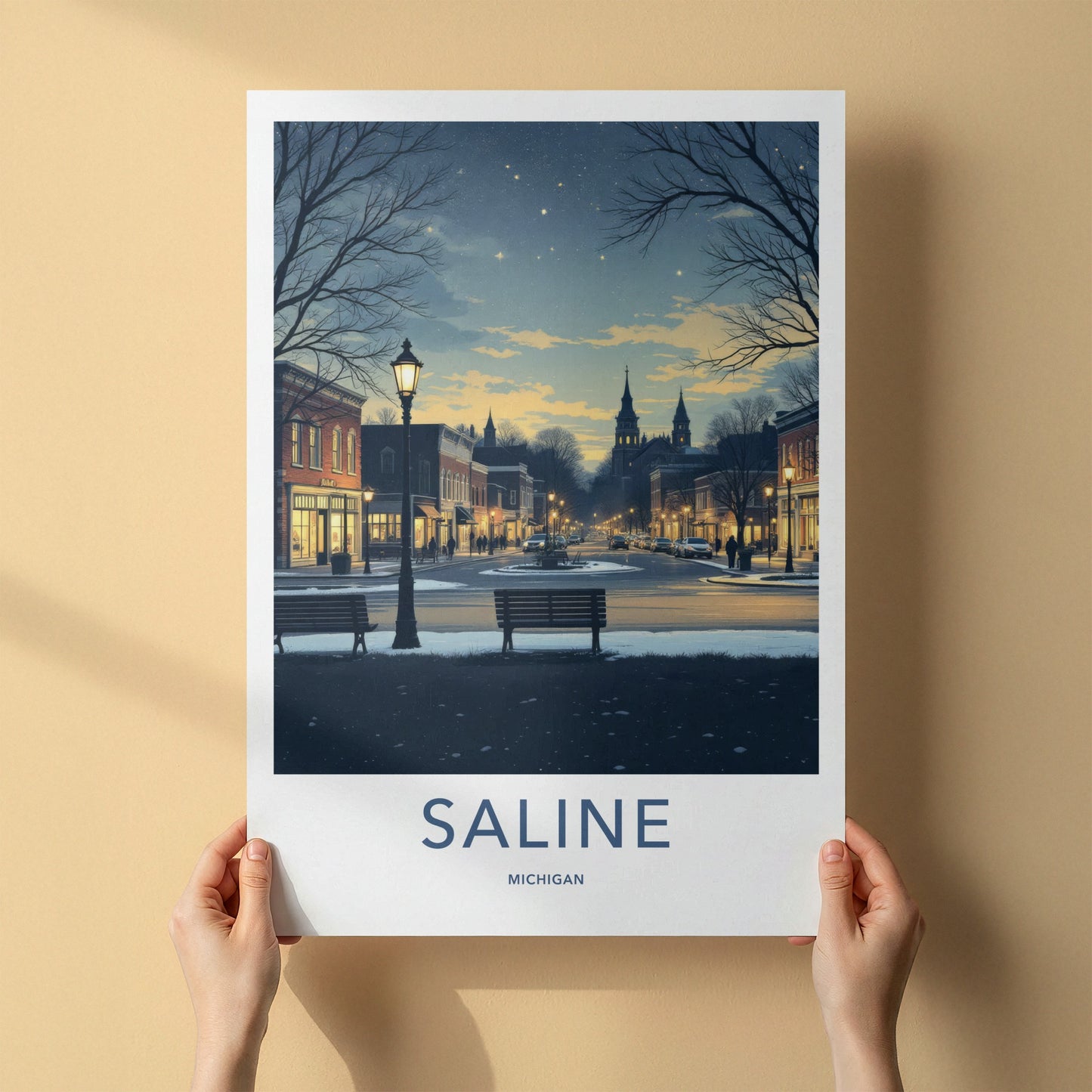 Saline Poster - Michigan Wall Art - Starry Winter Streetscape Home Decor