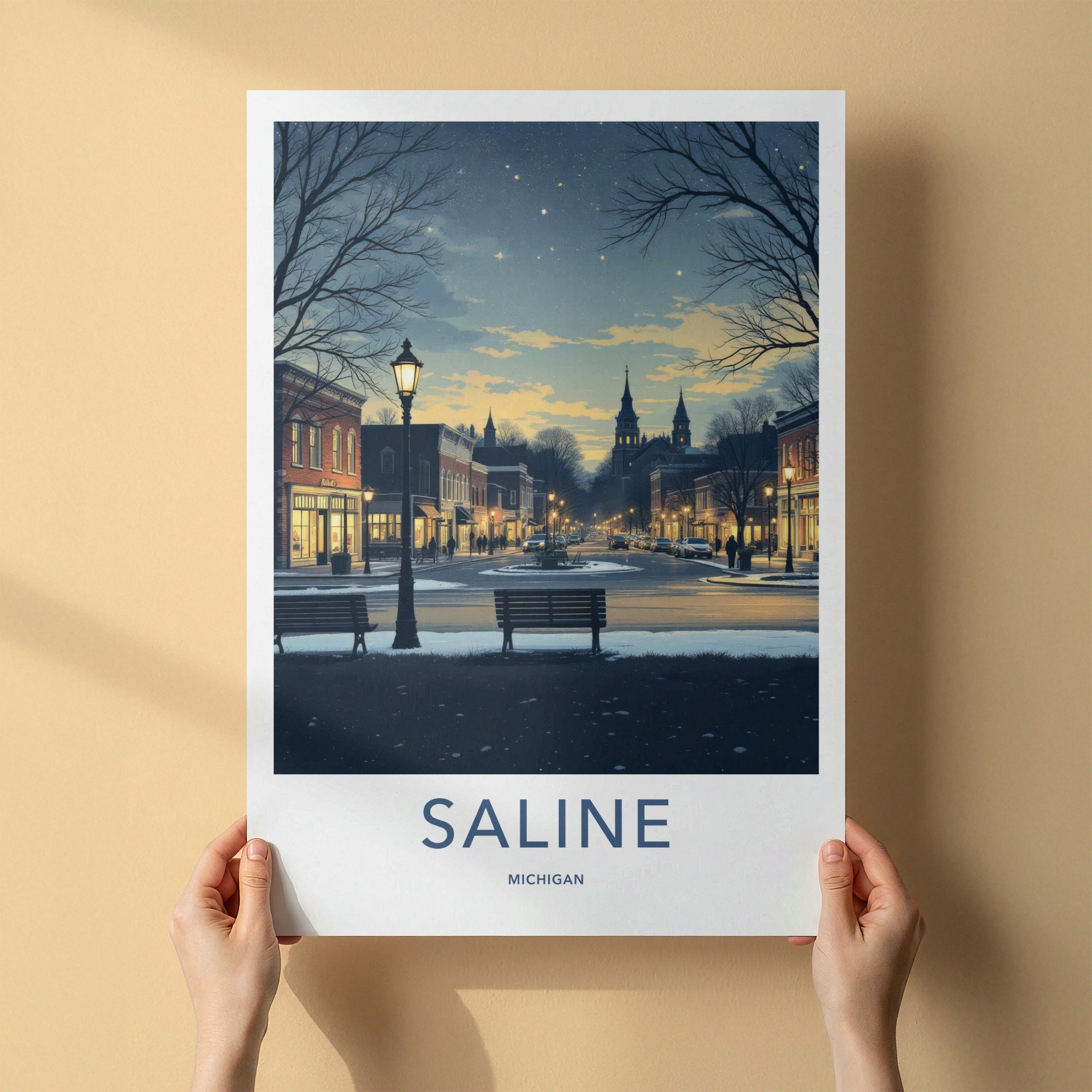 Saline Poster - Michigan Wall Art - Starry Winter Streetscape Home Decor