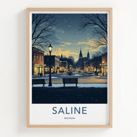 Saline Poster - Michigan Wall Art - Starry Winter Streetscape Home Decor
