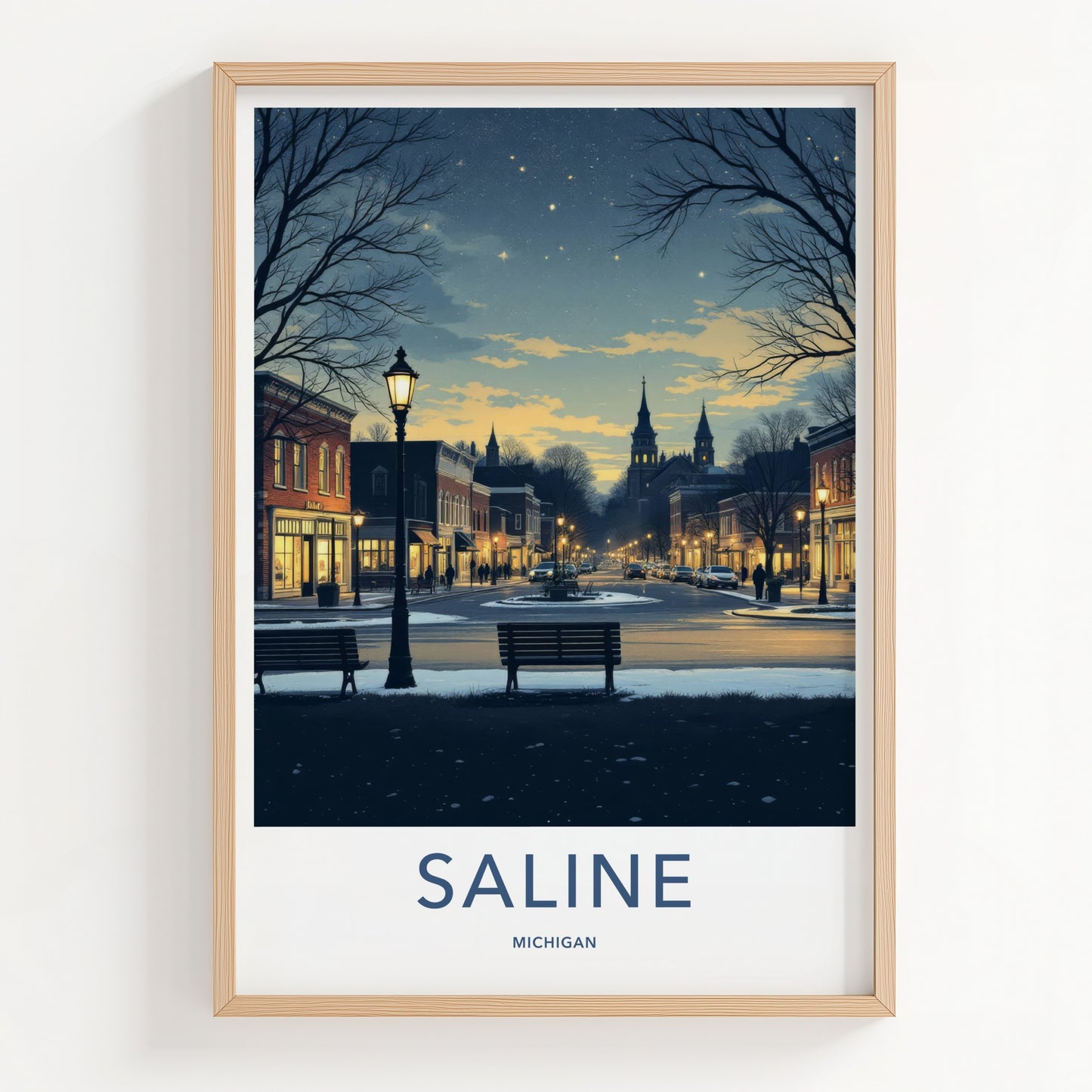 Saline Poster - Michigan Wall Art - Starry Winter Streetscape Home Decor