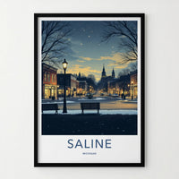 Saline Poster - Michigan Wall Art - Starry Winter Streetscape Home Decor