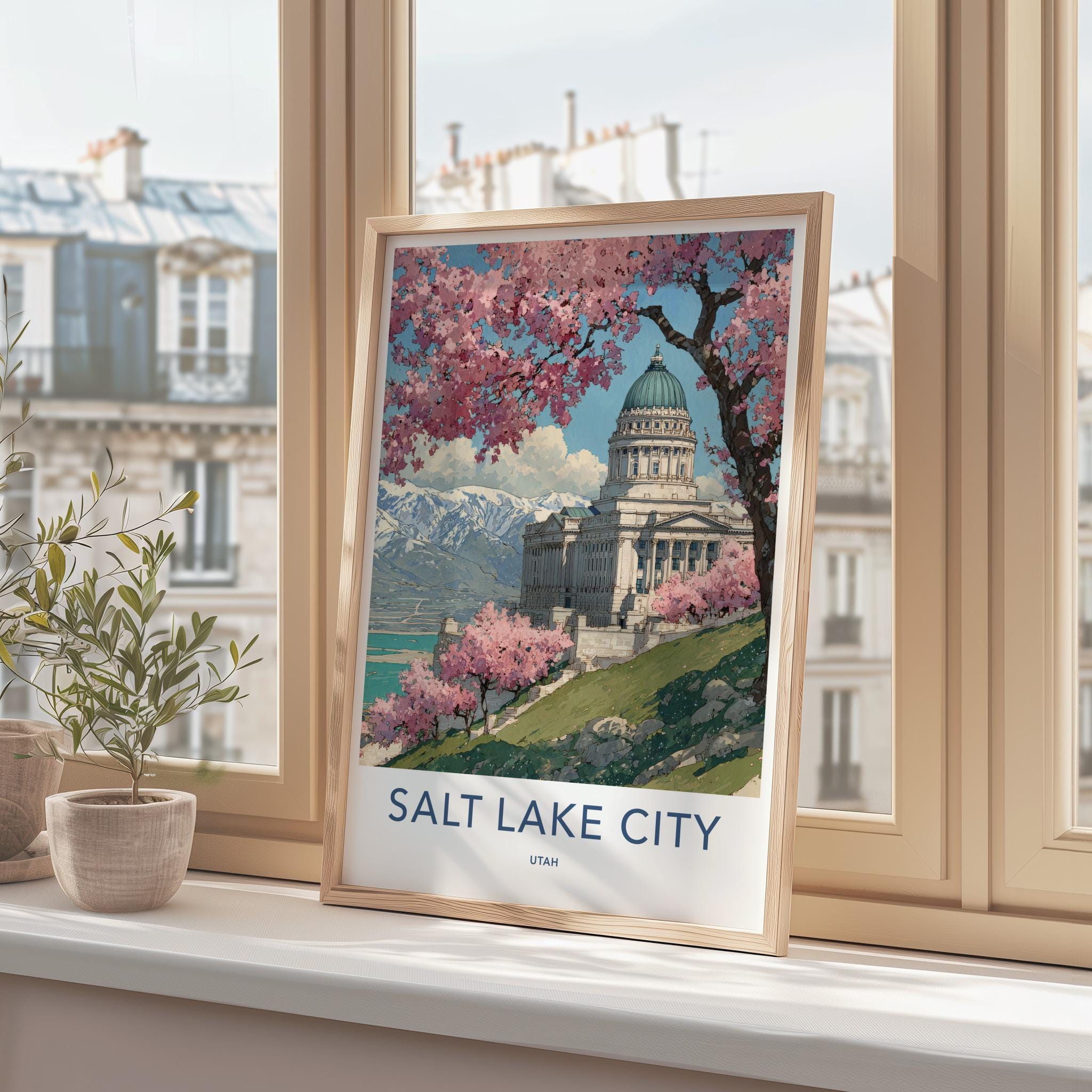 Salt Lake City Poster - Utah Art Print - Spring Capitol Mountains Wall Decor
