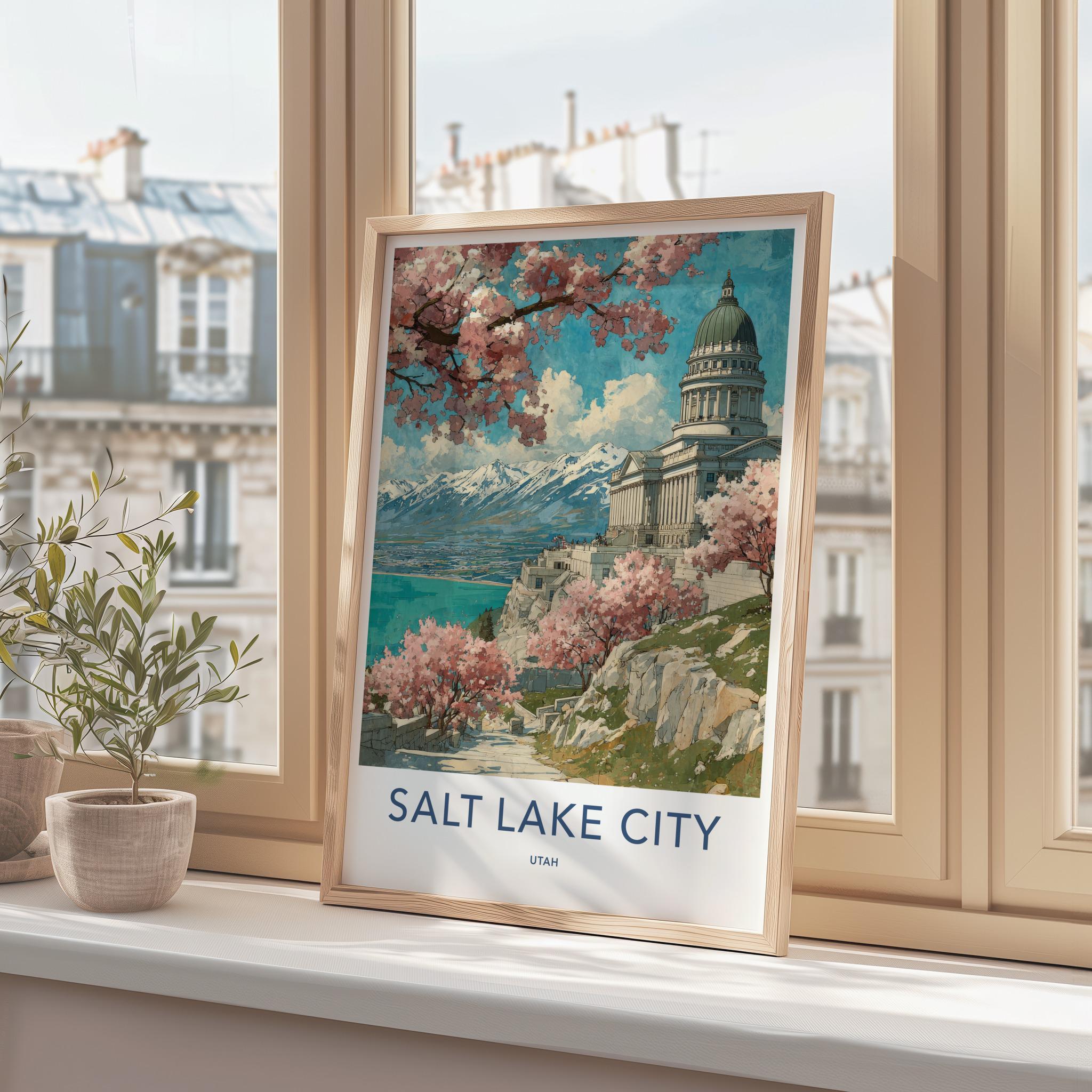 Salt Lake City Poster - Utah Travel Art - Spring Blossom Capitol Wall Decor