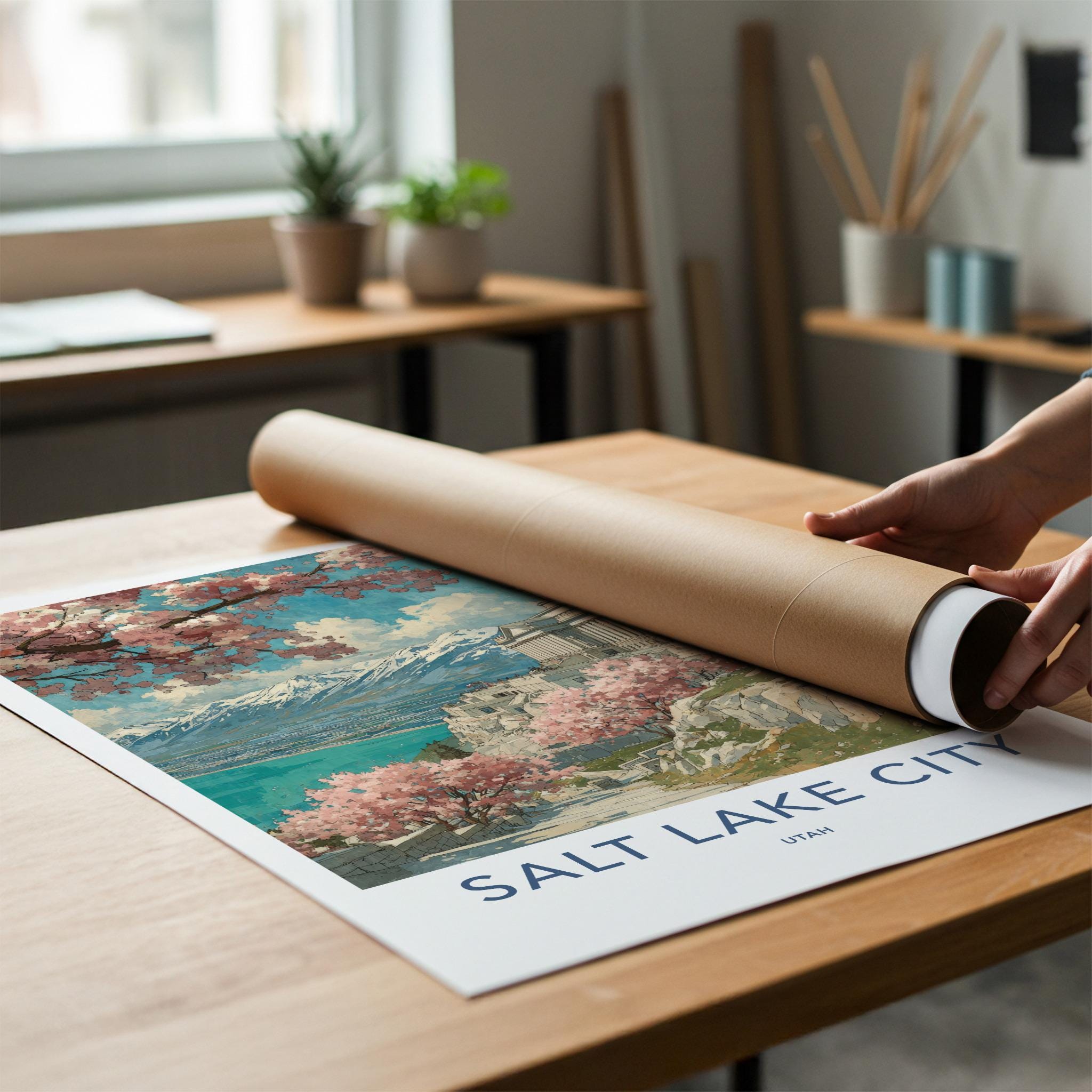 Salt Lake City Poster - Utah Travel Art - Spring Blossom Capitol Wall Decor
