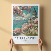 Salt Lake City Poster - Utah Travel Art - Spring Blossom Capitol Wall Decor