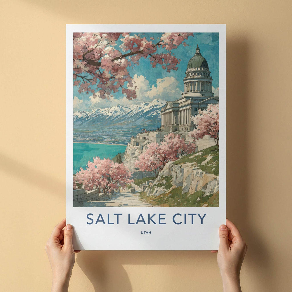 Salt Lake City Poster - Utah Travel Art - Spring Blossom Capitol Wall Decor