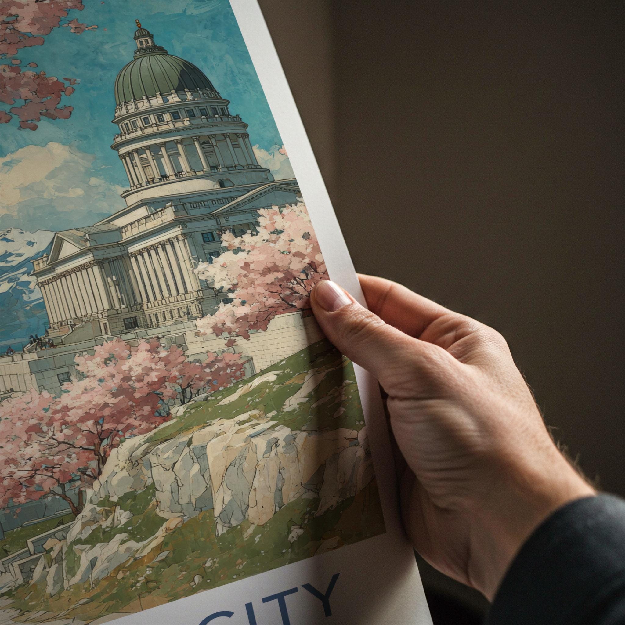 Salt Lake City Poster - Utah Travel Art - Spring Blossom Capitol Wall Decor