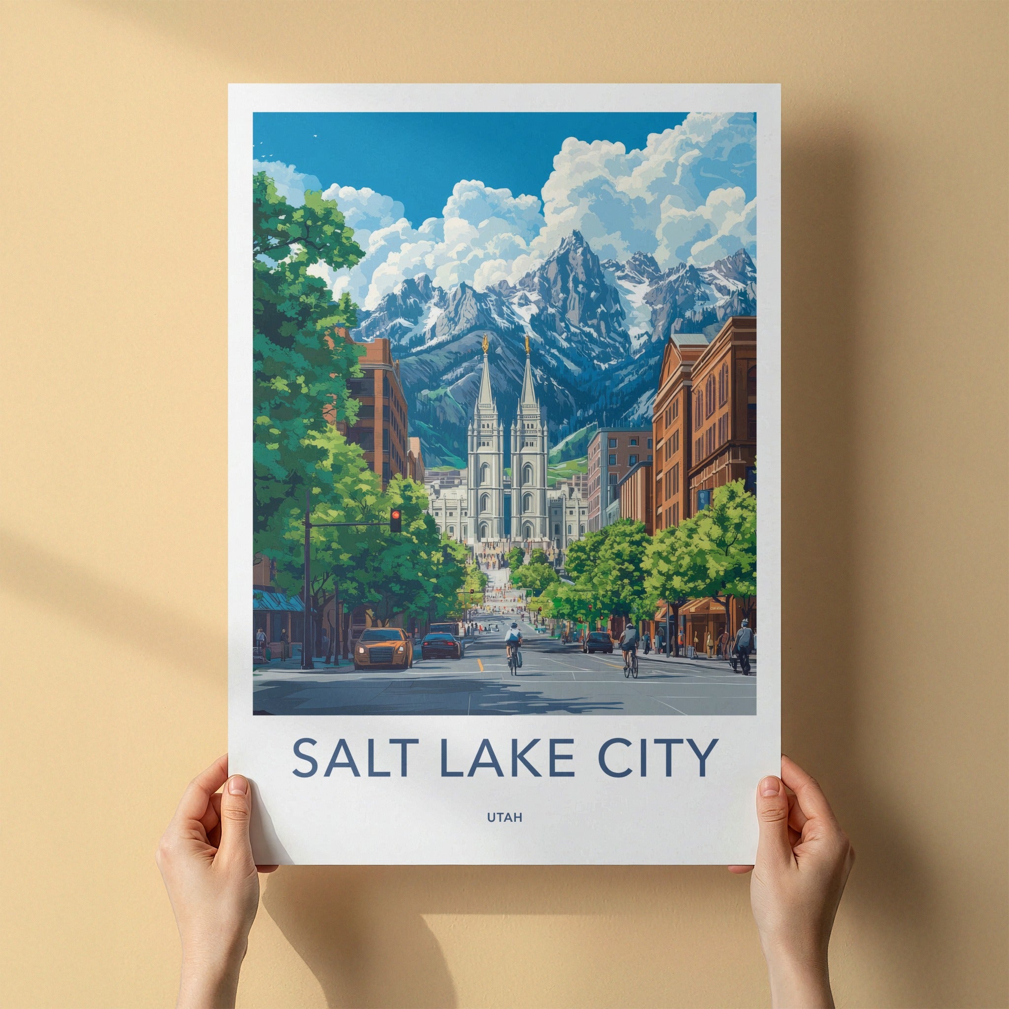 Salt Lake City Poster - Utah Travel Art - Urban Temple Mountains Wall Decor