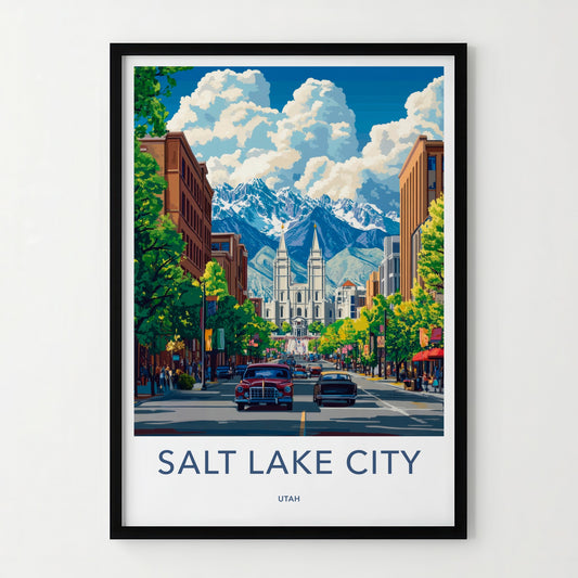 Salt Lake City Poster - Utah Travel Art - Vintage Cars Temple Home Decor