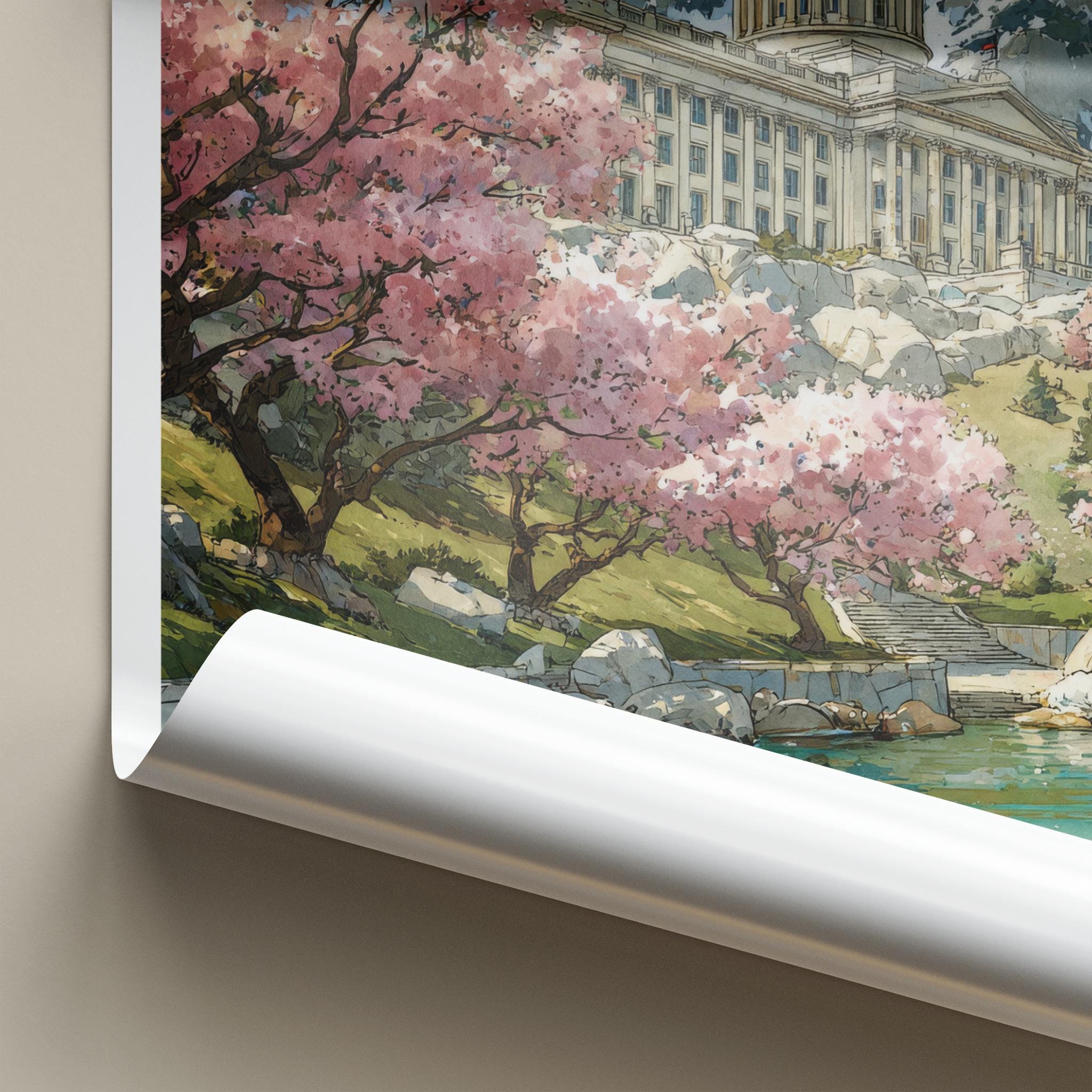 Salt Lake City Poster - Utah Wall Art - Blossoms Lake Capitol Home Decor