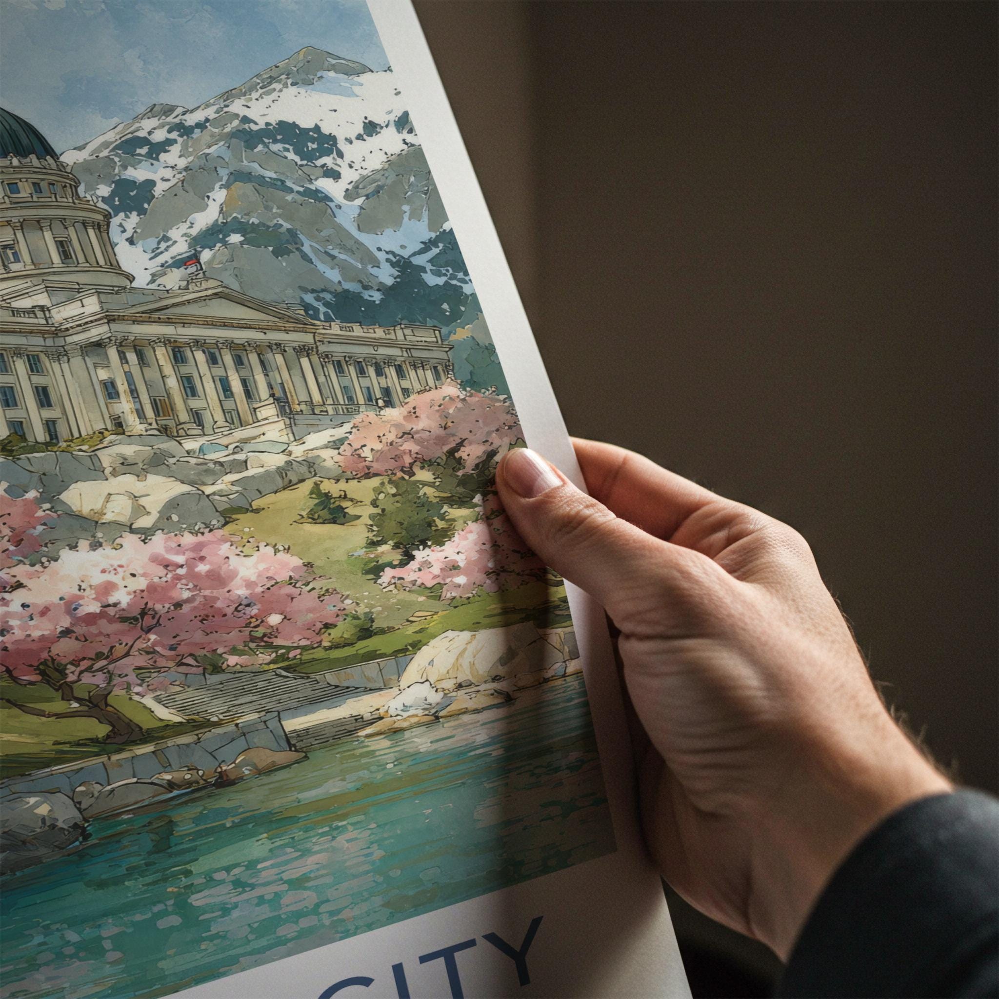 Salt Lake City Poster - Utah Wall Art - Blossoms Lake Capitol Home Decor