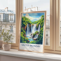 Salto Monday Poster - Paraguay Travel Art - Cascading Jungle Falls Wall Decor