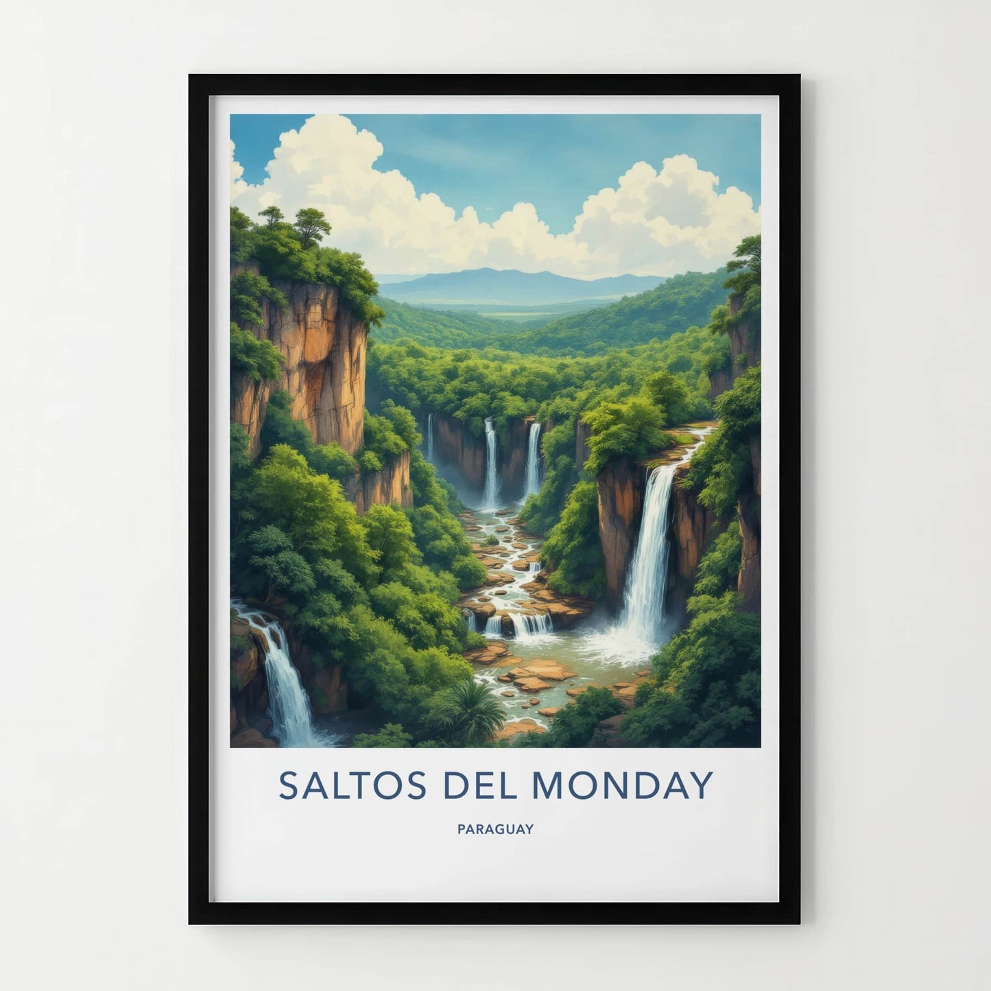 Saltos del Monday Poster - Paraguay Travel Art - Lush Cliff Waterfalls Home Decor