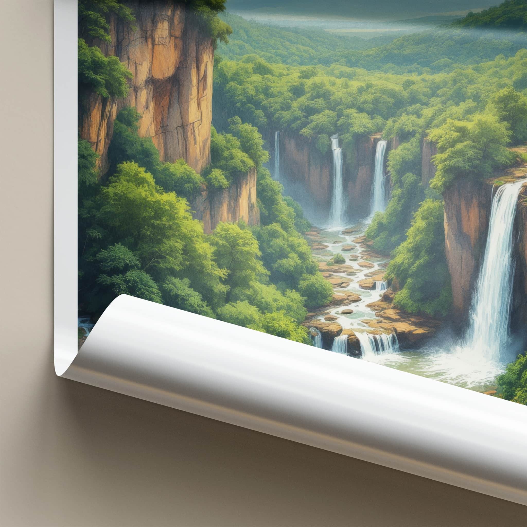Saltos del Monday Poster - Paraguay Travel Art - Lush Cliff Waterfalls Home Decor