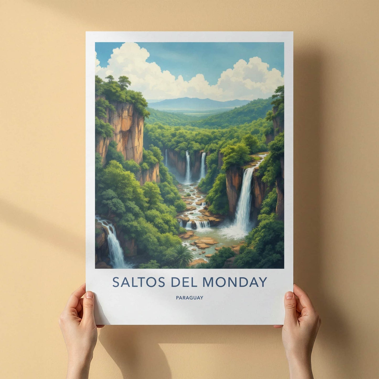 Saltos del Monday Poster - Paraguay Travel Art - Lush Cliff Waterfalls Home Decor
