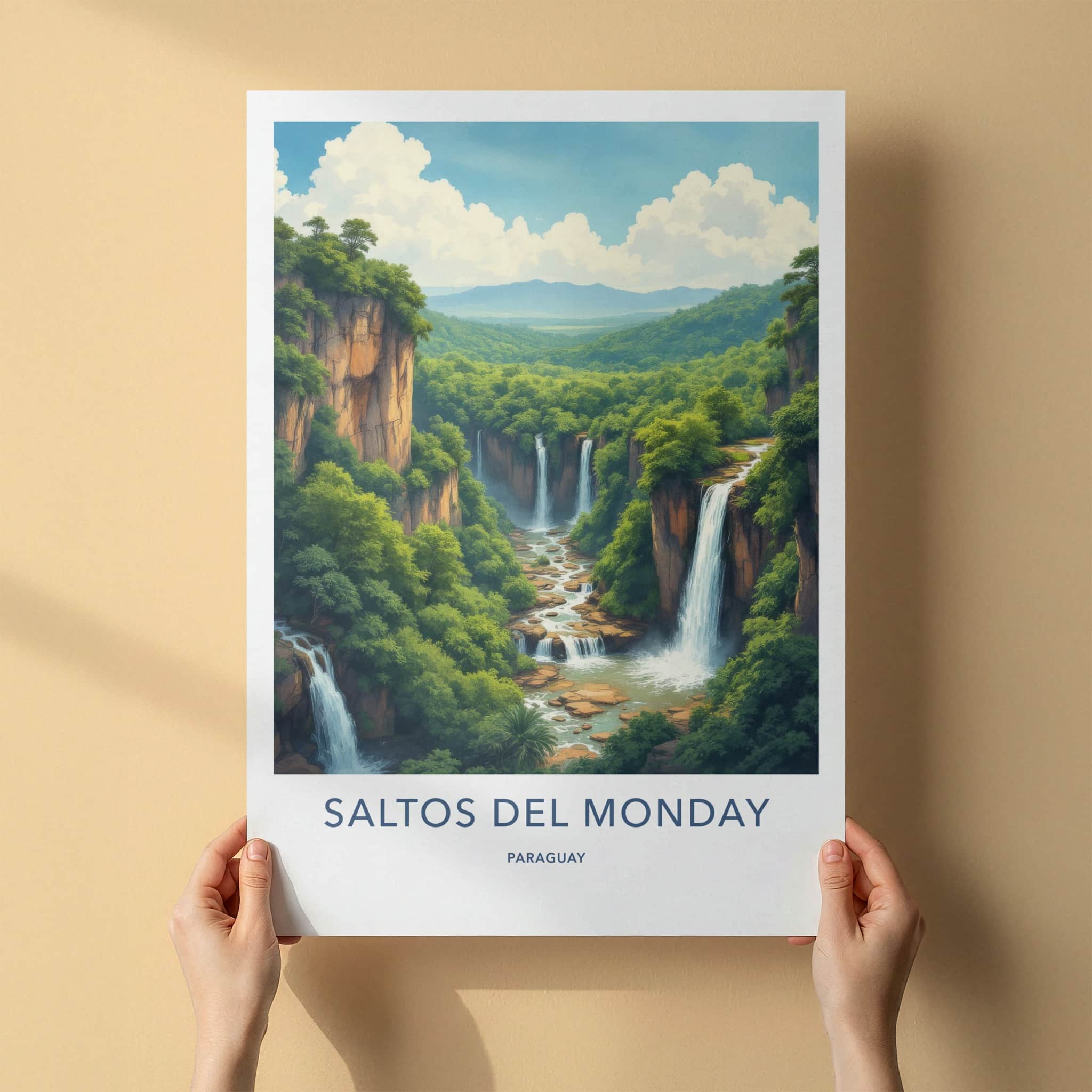Saltos del Monday Poster - Paraguay Travel Art - Lush Cliff Waterfalls Home Decor