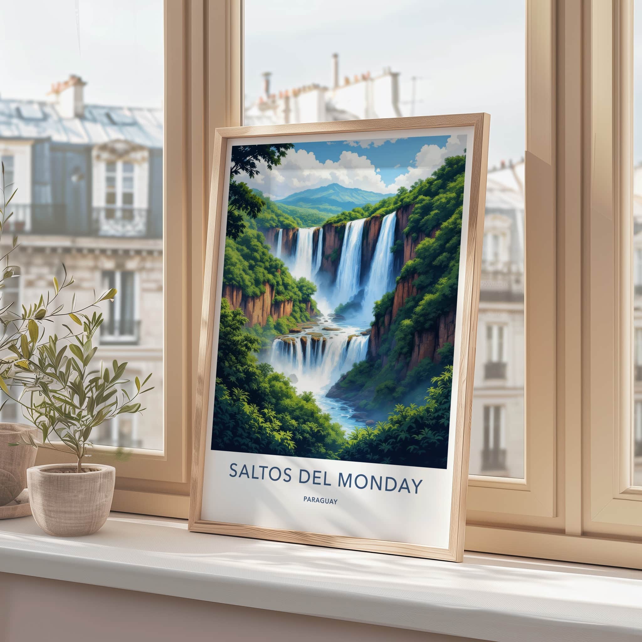 Saltos del Monday Poster - Paraguay Travel Art - Lush Cliffside Falls Home Decor