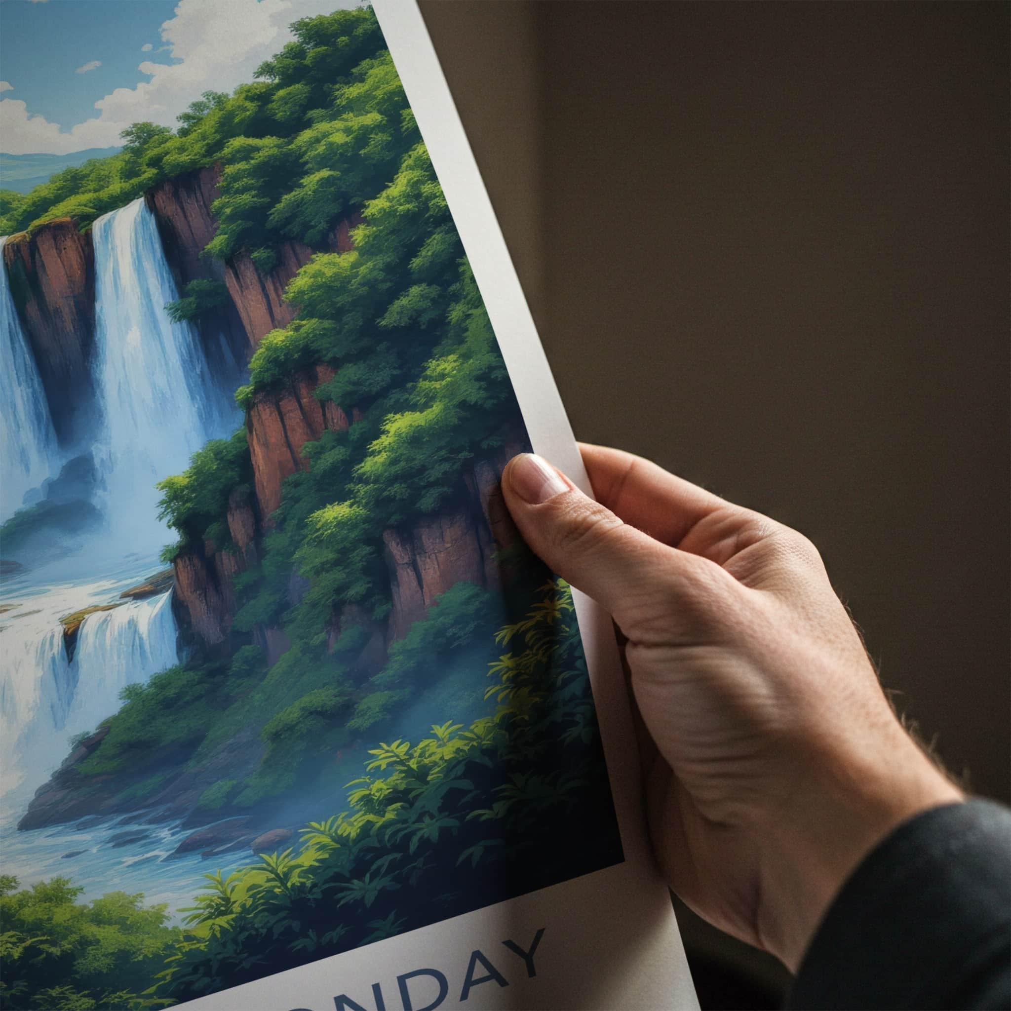 Saltos del Monday Poster - Paraguay Travel Art - Lush Cliffside Falls Home Decor