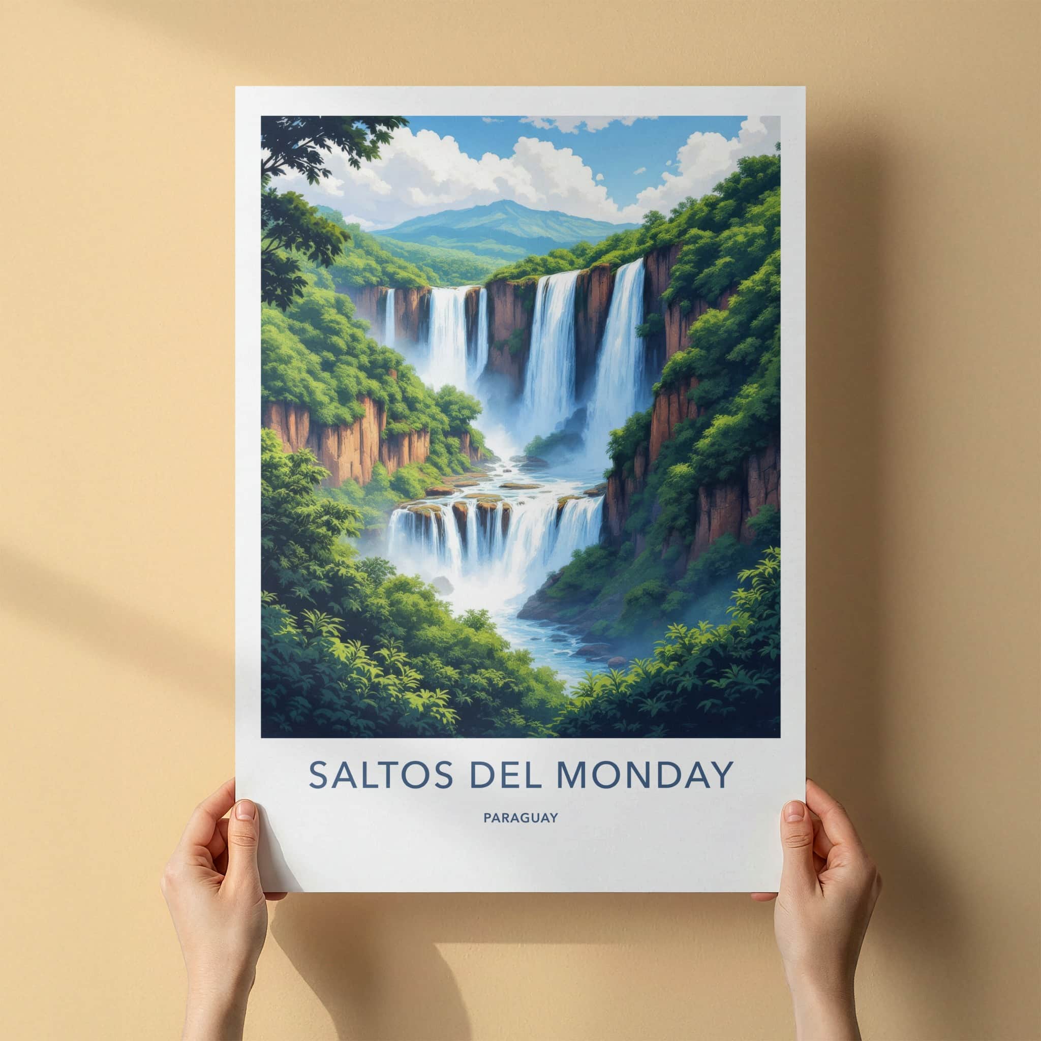 Saltos del Monday Poster - Paraguay Travel Art - Lush Cliffside Falls Home Decor