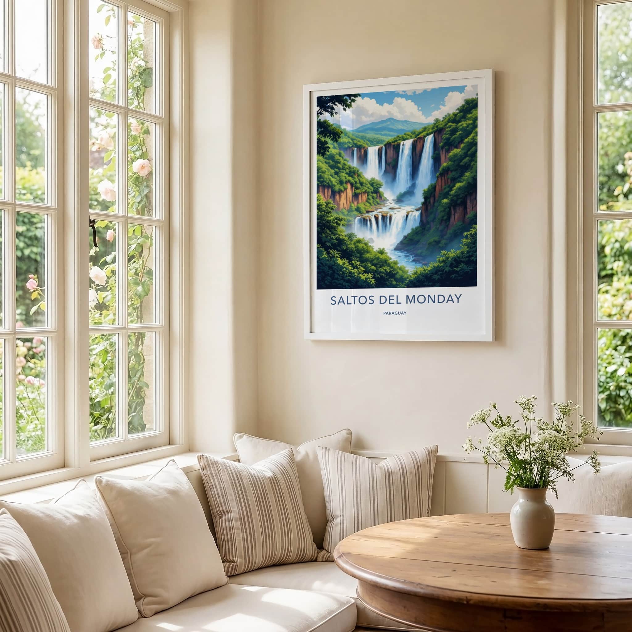 Saltos del Monday Poster - Paraguay Travel Art - Lush Cliffside Falls Home Decor