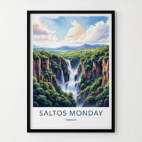 Saltos Monday Poster - Paraguay Travel Art - Majestic Cliff Waterfalls Wall Decor
