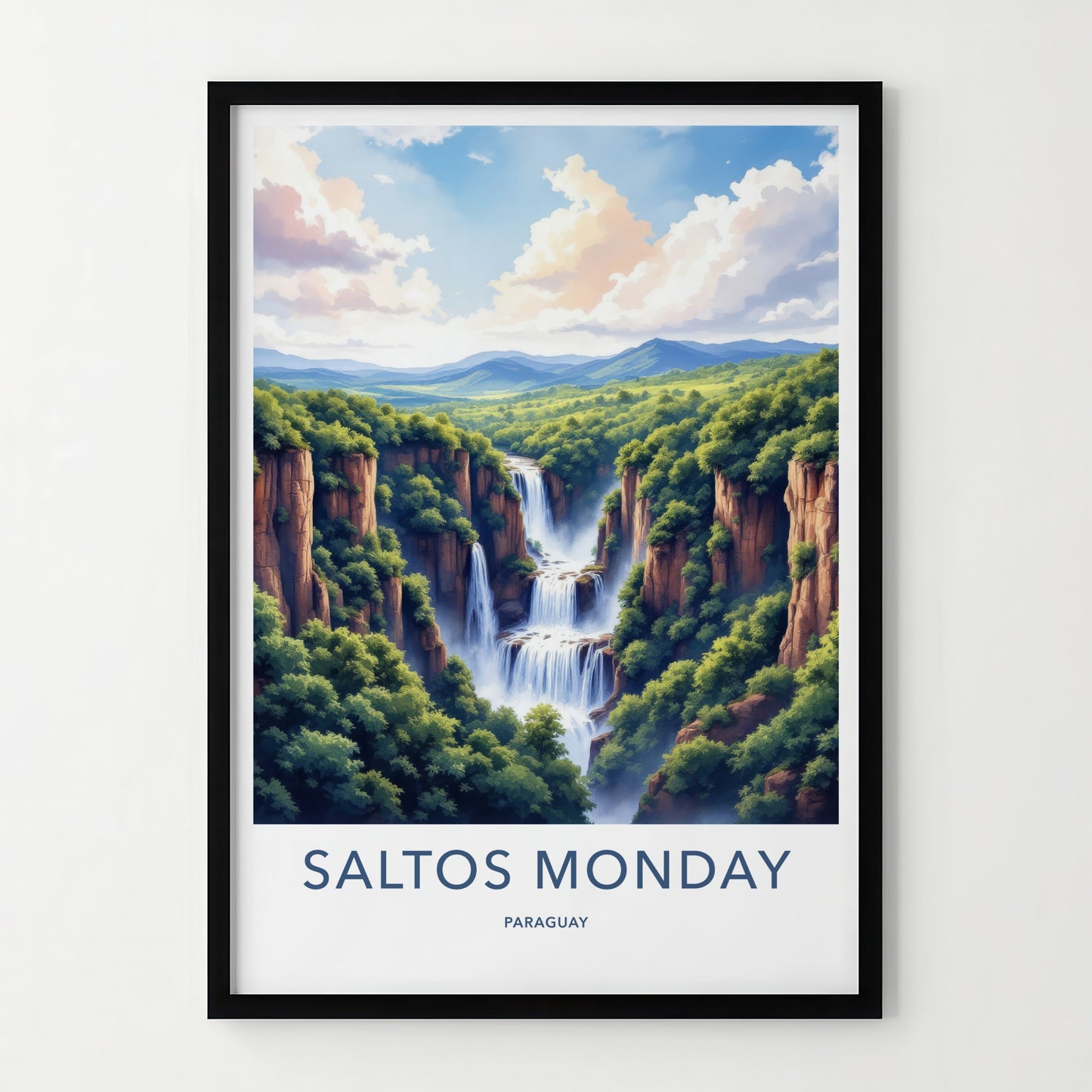 Saltos Monday Poster - Paraguay Travel Art - Majestic Cliff Waterfalls Wall Decor