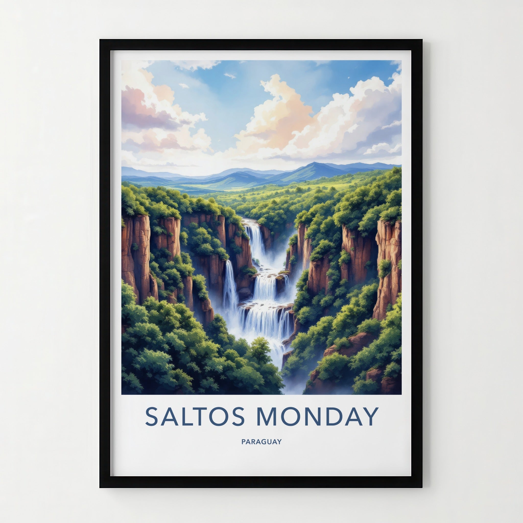 Saltos Monday Poster - Paraguay Travel Art - Majestic Cliff Waterfalls Wall Decor