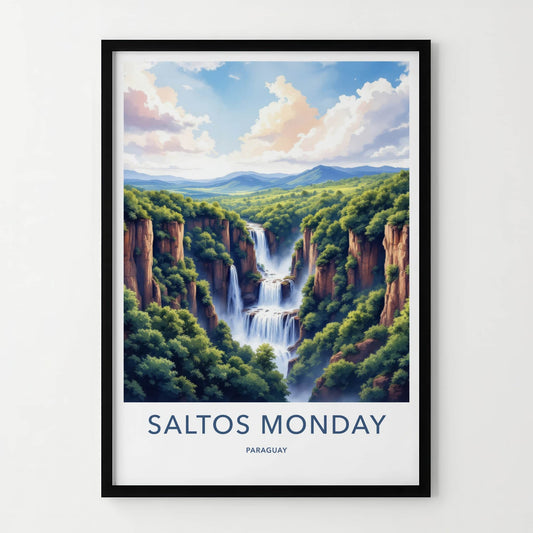 Saltos Monday Poster - Paraguay Travel Art - Majestic Cliff Waterfalls Wall Decor